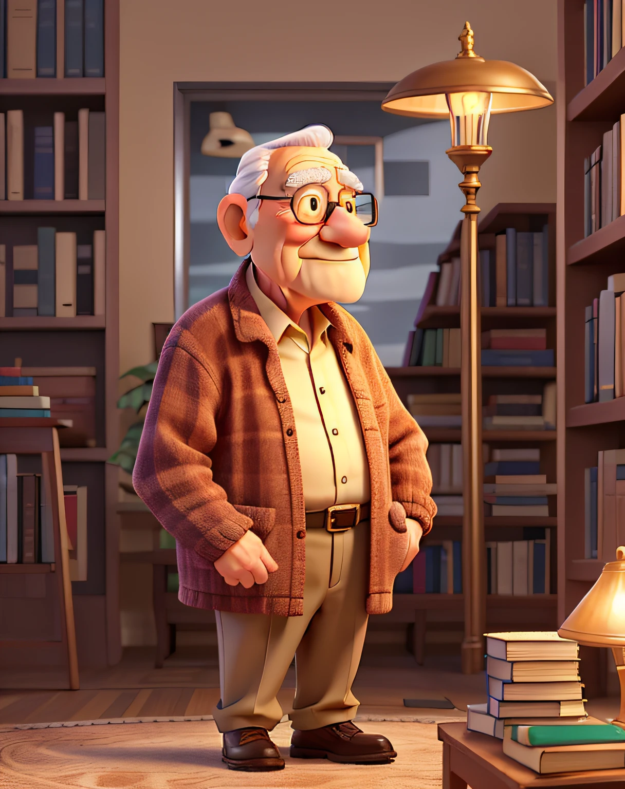 A wise old man standing in front, illuminated by the light of a lamp, against the backdrop of a library