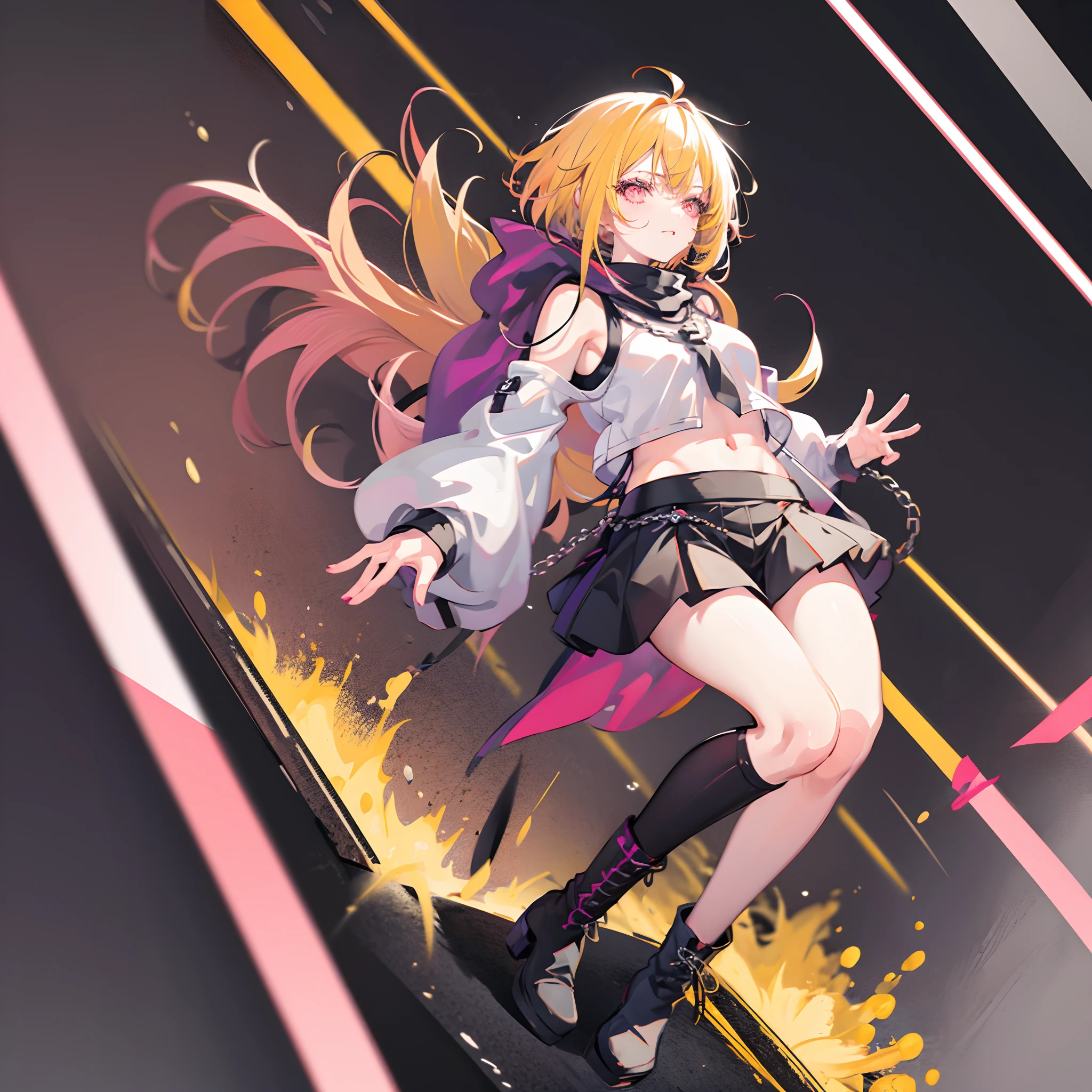 anime girl, yellow hair, pink eyes, purple crop top, black mini skirt, black knee socks, black combat boots, necklace in silver with red heartstone