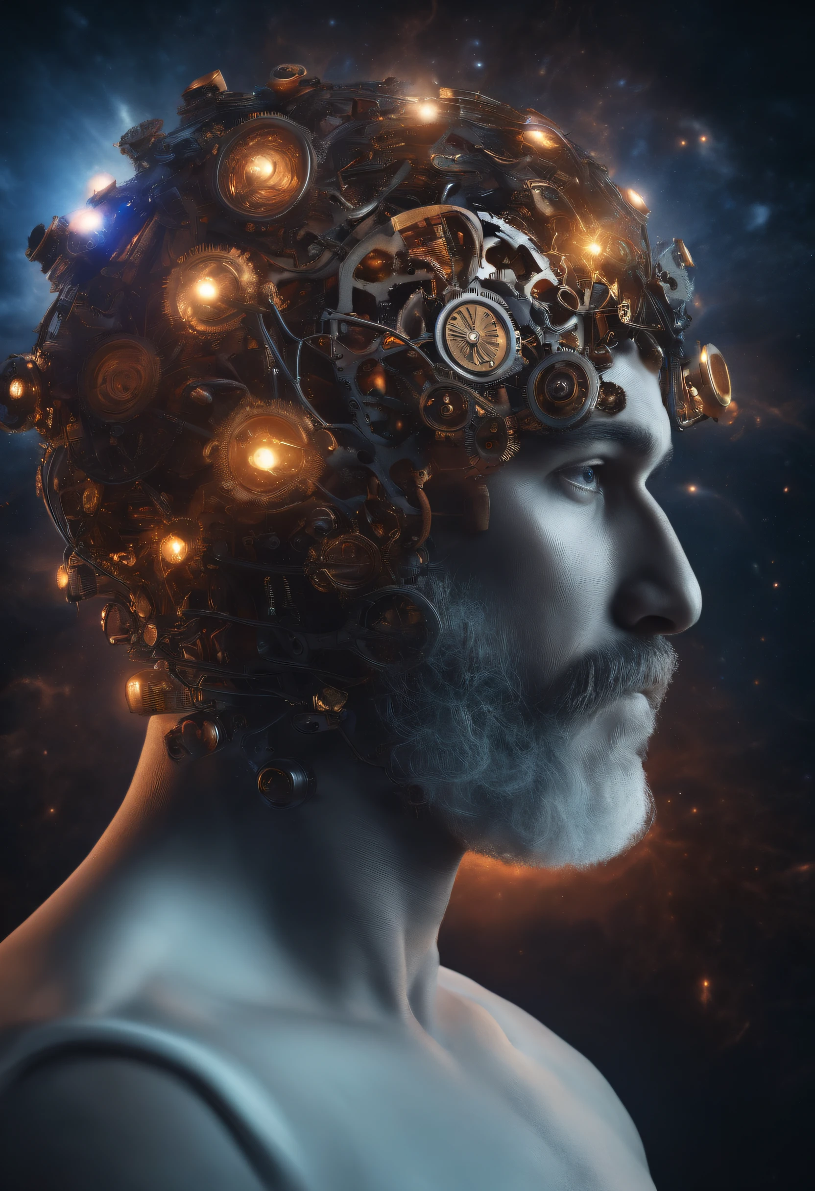 Human Brain Being Reprogrammed to Forget Addictions, through gears and motors on a male head with long beards, In a confusing and mysterious environment with lights that connect the brain to the universe Image from above