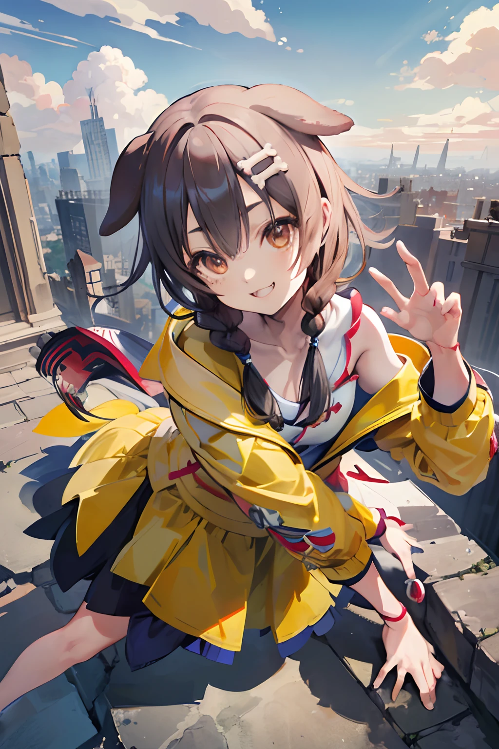 ((Inugami korone)), ((masterpiece)), wide shot, (Professional Photography:1.2), ((detail of yellow jacket)), (from above), summer sky, (beautiful ruins), detail of eyes, very crazy smile, Textured skin, silky hair, ((scary pose)), slender, flat chest, stand on the ground, (exposed beautiful shoulder), ruins cityscape, put on dog ears