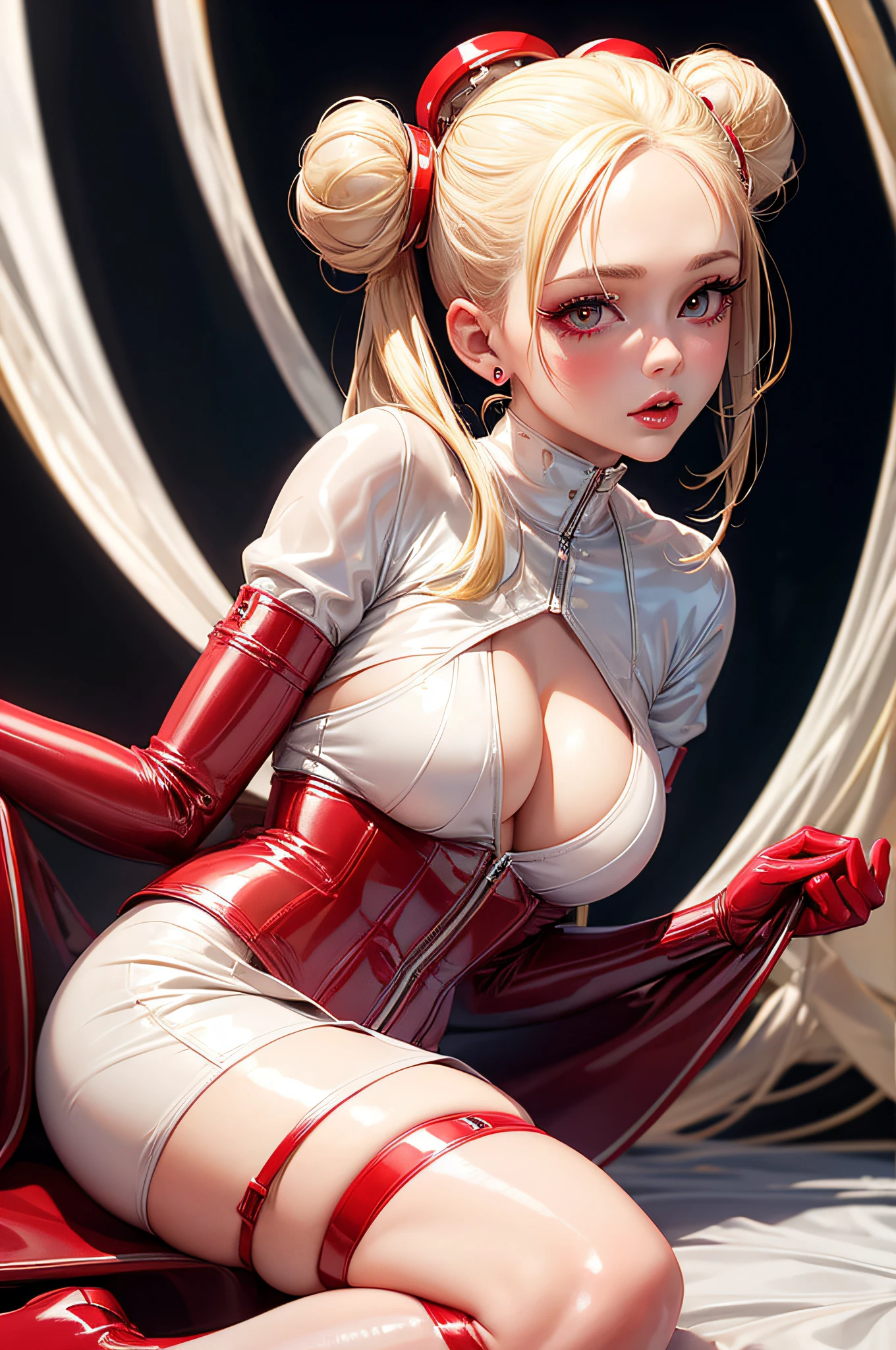 Gorgeous young sexy girl,blonde hair,space buns,white latex blouse,red latex skirt,white latex stockings,red patent leather shoes,perfect face,detailed eyes,detailed lips,longeyelashes,busty,cute,portrait,highres,realistic,studio lighting,vivid colors