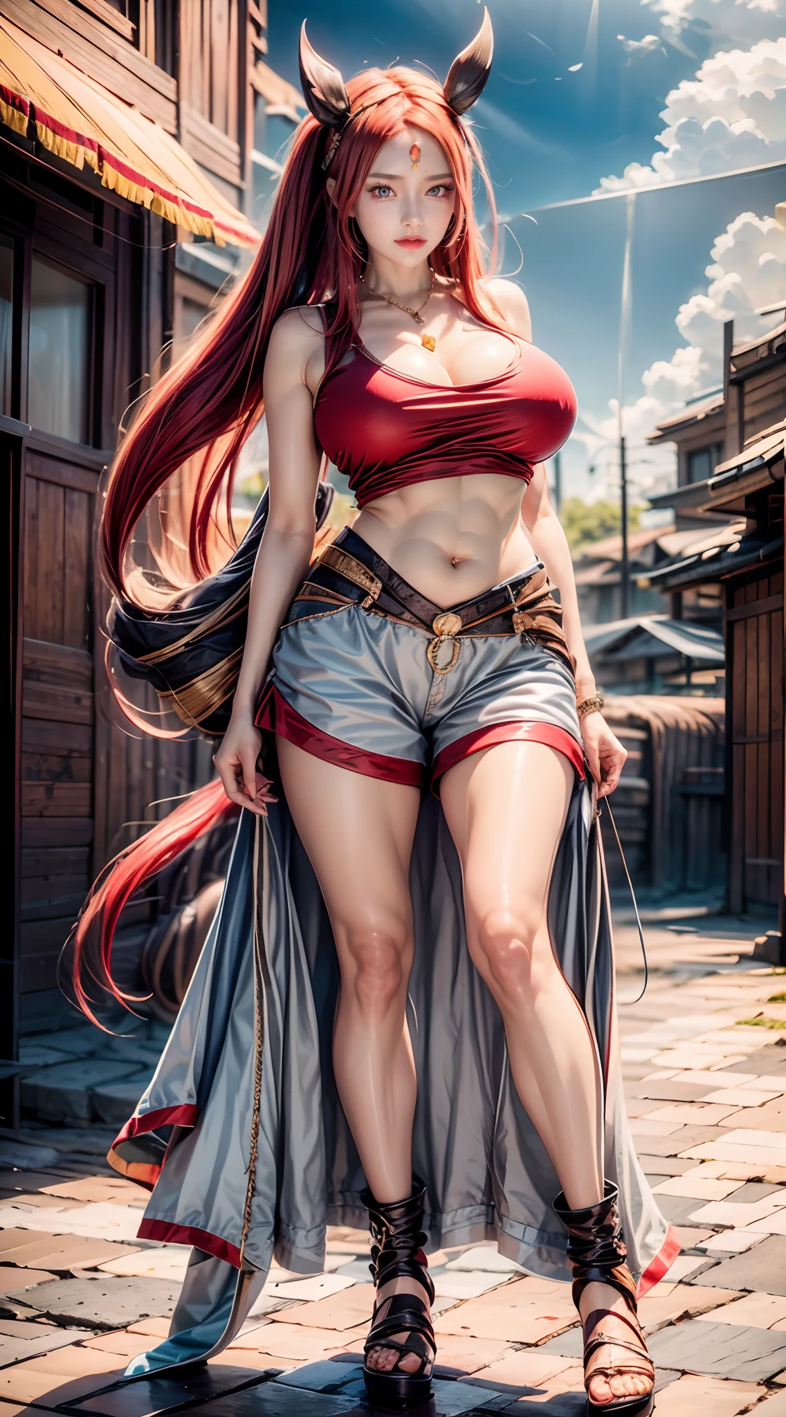 realistic, 1girls, handicrafts, best quality, 8k, red hair, big breasts, handbags, ponytails, tank tops, necklaces, jewelry, shorts, wide hips, gyaru, hair bands, yellow eyes, full body