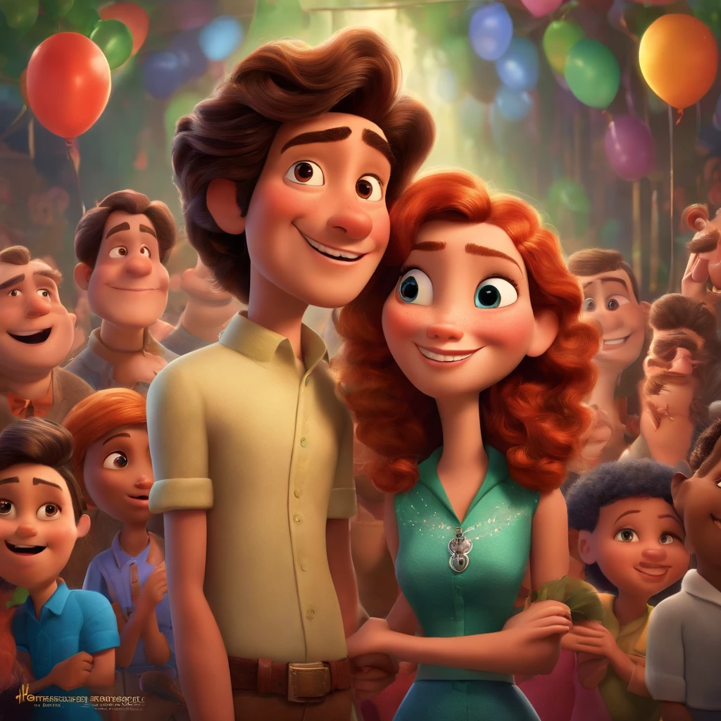 Draw people at a pixar poster-like pawn party