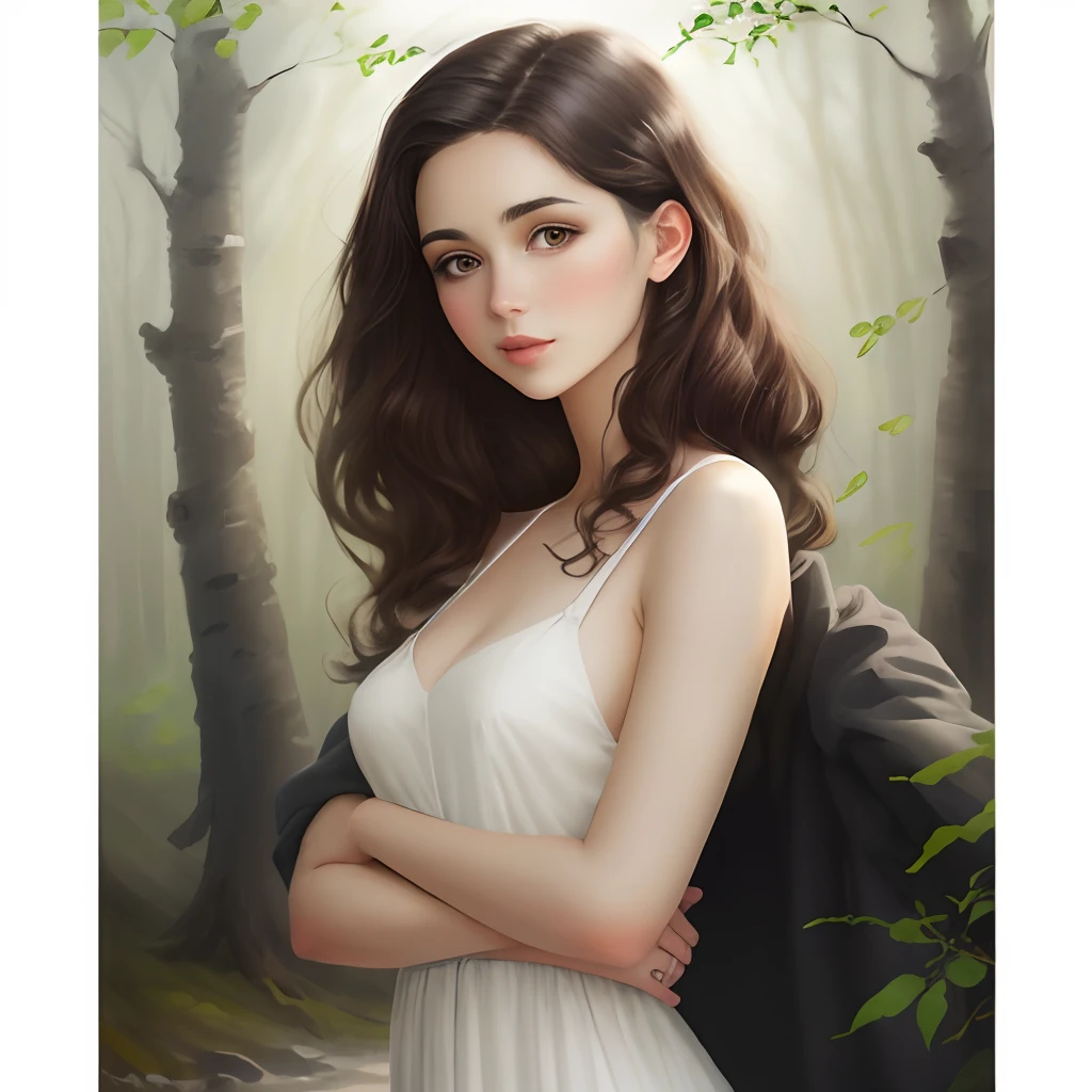 Retrato en acuarela muy real, ultra detallado, mujer joven cuerpo ebtero, belleza extra, ojos oscuros, with a long body-hugging dress, tiny breast, sensible y fondo de bosque y flores