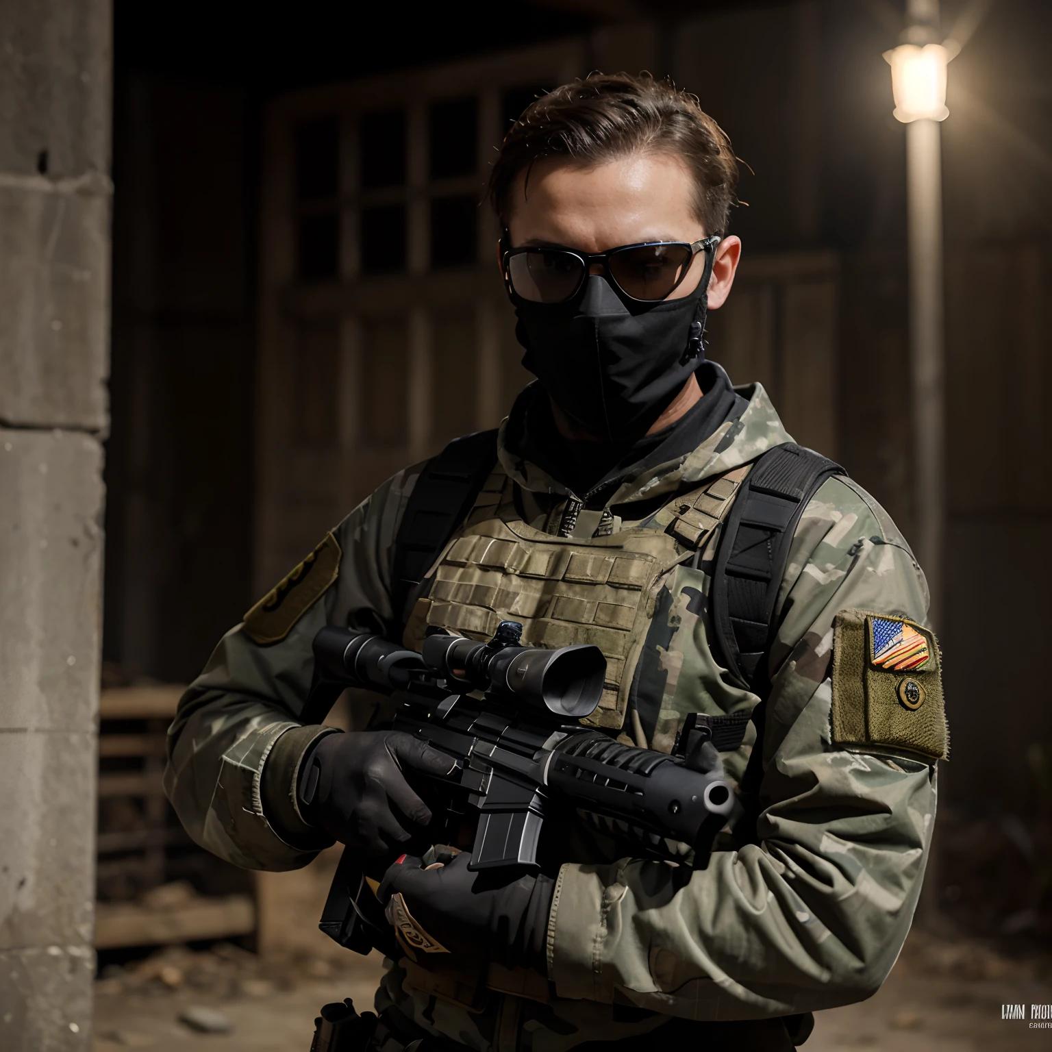 8k , quality, Artwork,arme , fusil d'assaut FAMAS,Special Forces, masque, lunettes