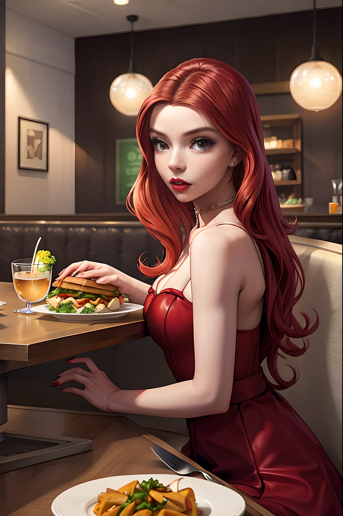 Masterpiece, realistic, detailed, studio lighting, Anya Taylor-Joy, long red hair, red luscious lips, at fancy restaurant, customers eating at restaurant in background, sitting at table, table full of food,eating food, wearing long red dress, wearing choker, sexy pose, thin body,