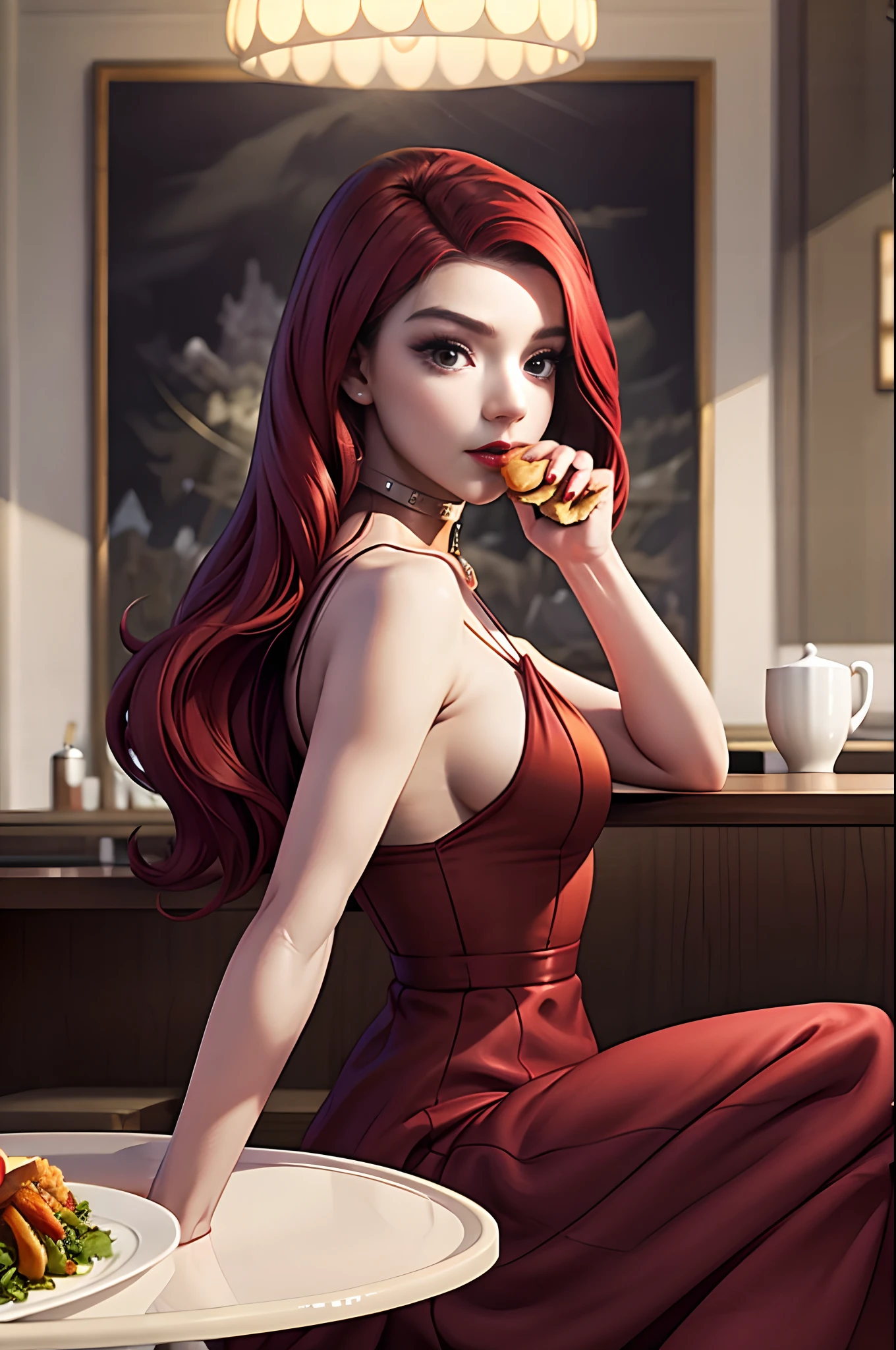 Masterpiece, realistic, detailed, studio lighting, Anya Taylor-Joy, long red hair, red luscious lips, at fancy restaurant, customers eating at restaurant in background, sitting at table, table full of food,eating food, wearing long red dress, wearing choker, sexy pose, thin body,