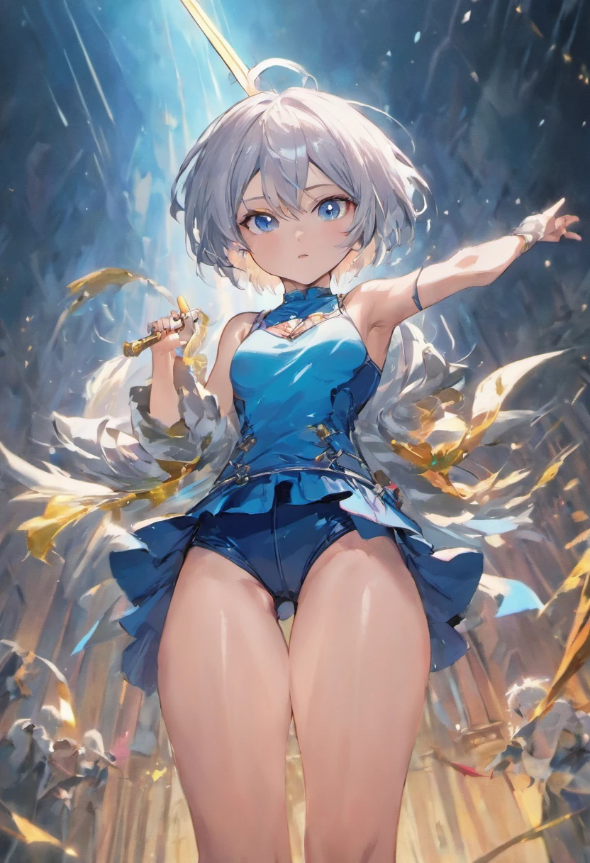 1girl, white silver hair, short hair, big breasts, thicc thighs, realistic sword, holding up sword. Red tank top, blue short jeans, Blue eyes, shiny skin, shiny hair. Shiny sword, Amountains behind, sun in background