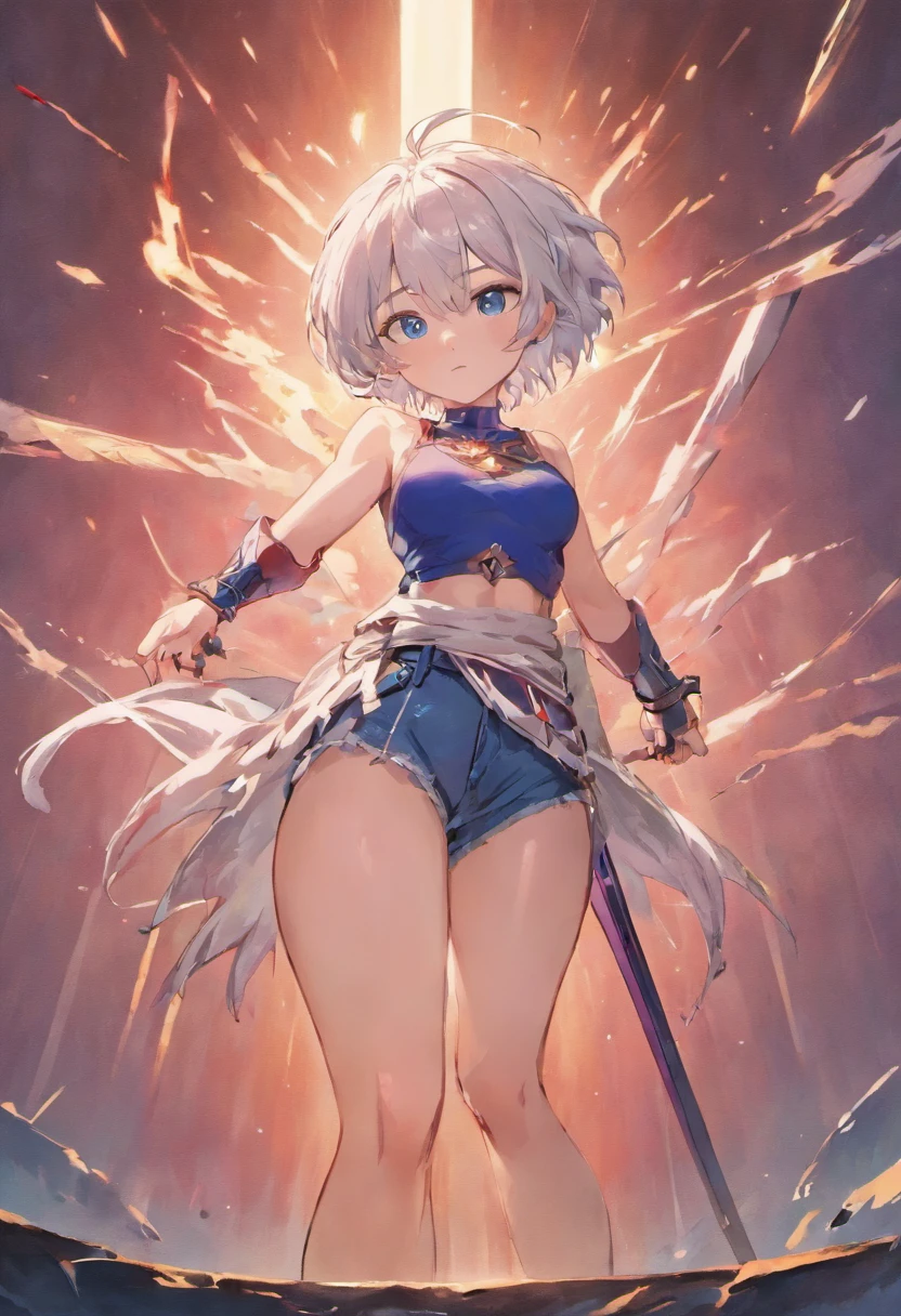 1girl, white silver hair, short hair, big breasts, thicc thighs, realistic sword, holding up sword. Red tank top, blue short jeans, Blue eyes, shiny skin, shiny hair. Shiny sword, Amountains behind, sun in background