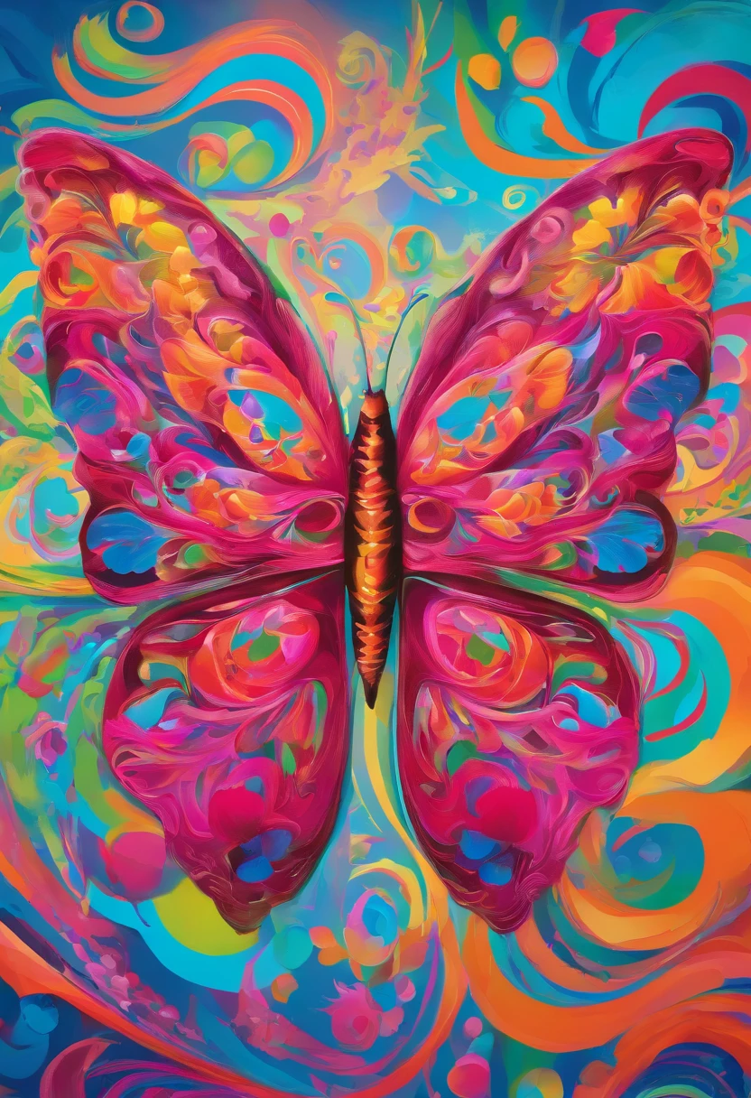 Fuchsia-colored, 3D, super-realistic butterfly, with delicate wings displaying intricate designs, gracefully takes flight from a sea of blue. This image evokes the themes of freedom and transformation, like the Phoenix Bird. The beauty and intricacy of the butterfly's wings, painted in vivid hues, capture the viewer's attention. The exceptional clarity and detail of the photograph allow us to appreciate the butterfly's fragile yet enchanting presence, bringing to life the essence of its essence of freedom and the transformative power of nature. Within the frame, this image transports viewers to a realm of natural wonder and breathtaking beauty.