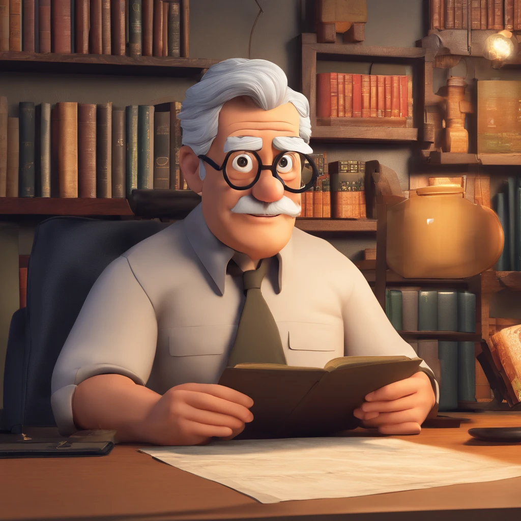 Crie um cartaz inspirado na Disney Pixar com o personagem sendo o pastor Rubens Janier, A gray-haired man wearing glasses, in an office with a Bible on the table, Looking forward and serious