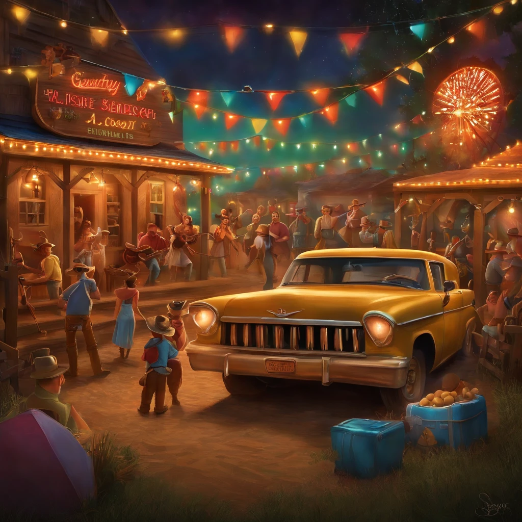 Desenhe pessoas em uma festa de rodeio semelhante. Country party to a pixar poster