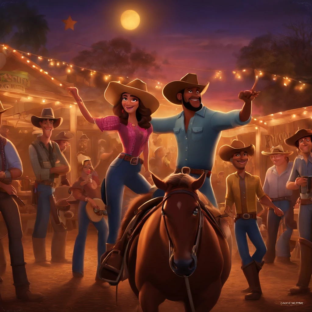 Desenhe pessoas em uma festa de rodeio semelhante. Country party to a pixar poster