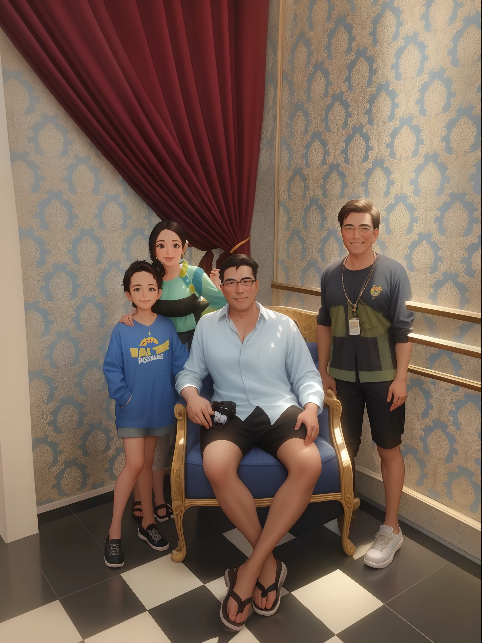 uma familia disney pixar, alta qualidade, Best Quality Photo of a Father with Her Three Children