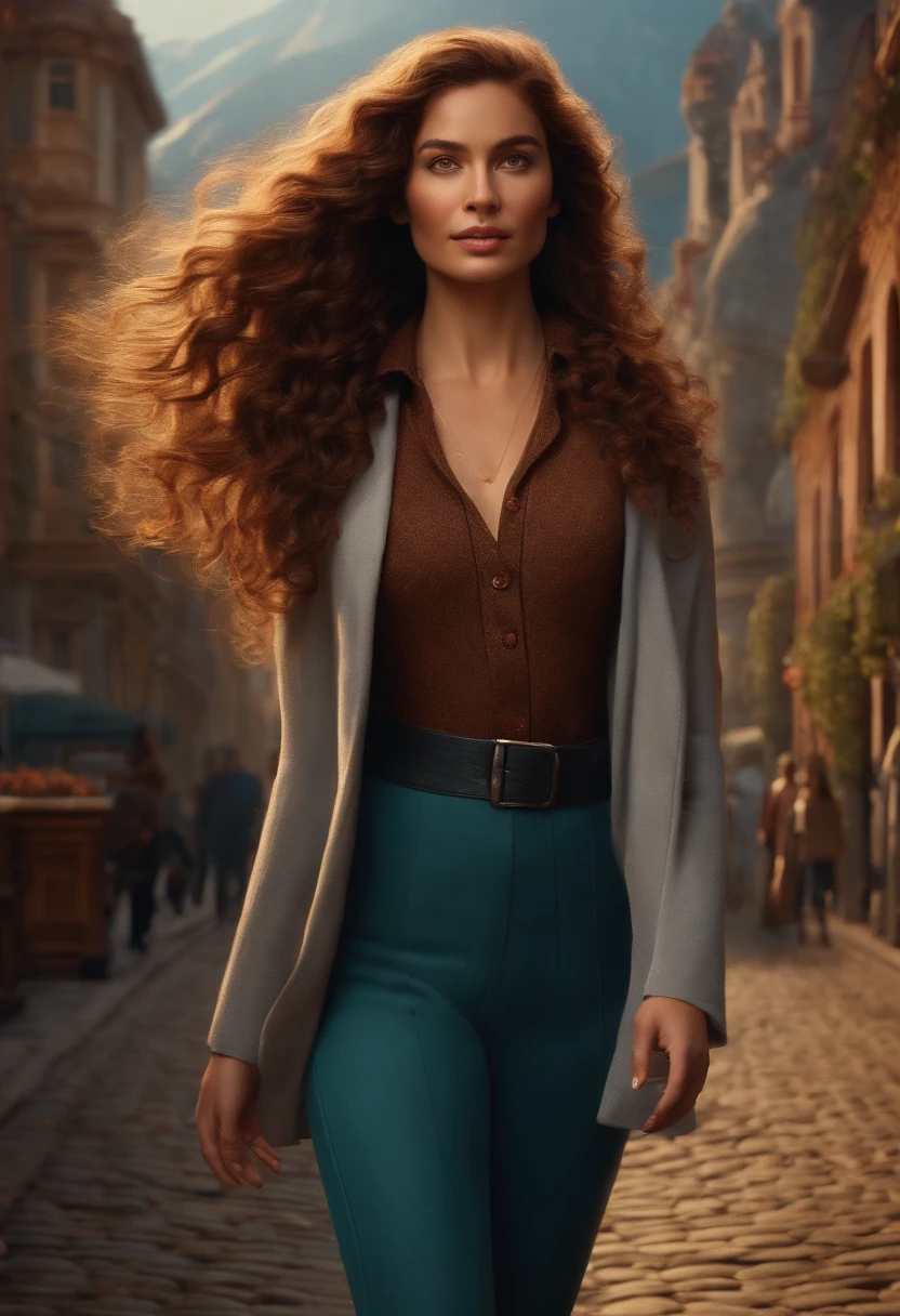 estilo filme Oppenheimer 2023 estilo filmes Pixar, Com nome "Ilka Simone", poster, with credits with a beautiful woman walking with long curly brown hair
