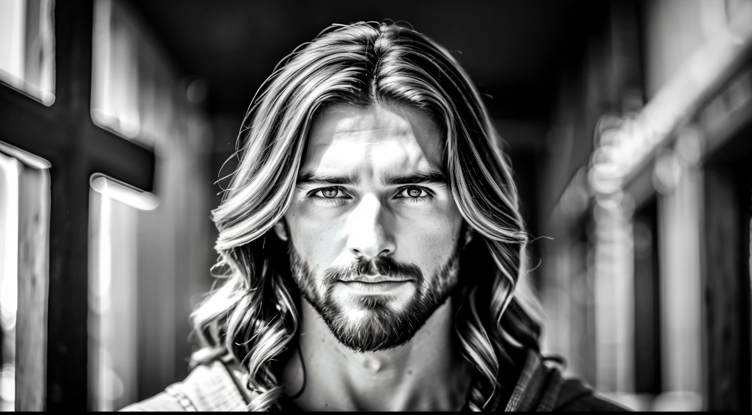 portrait of modern day Jesus, cinematic lighting, depth of field, bokeh, realism, photorealistic, hyperrealism, professional photography, uhd, dslr, hdr, background whit a wood cross