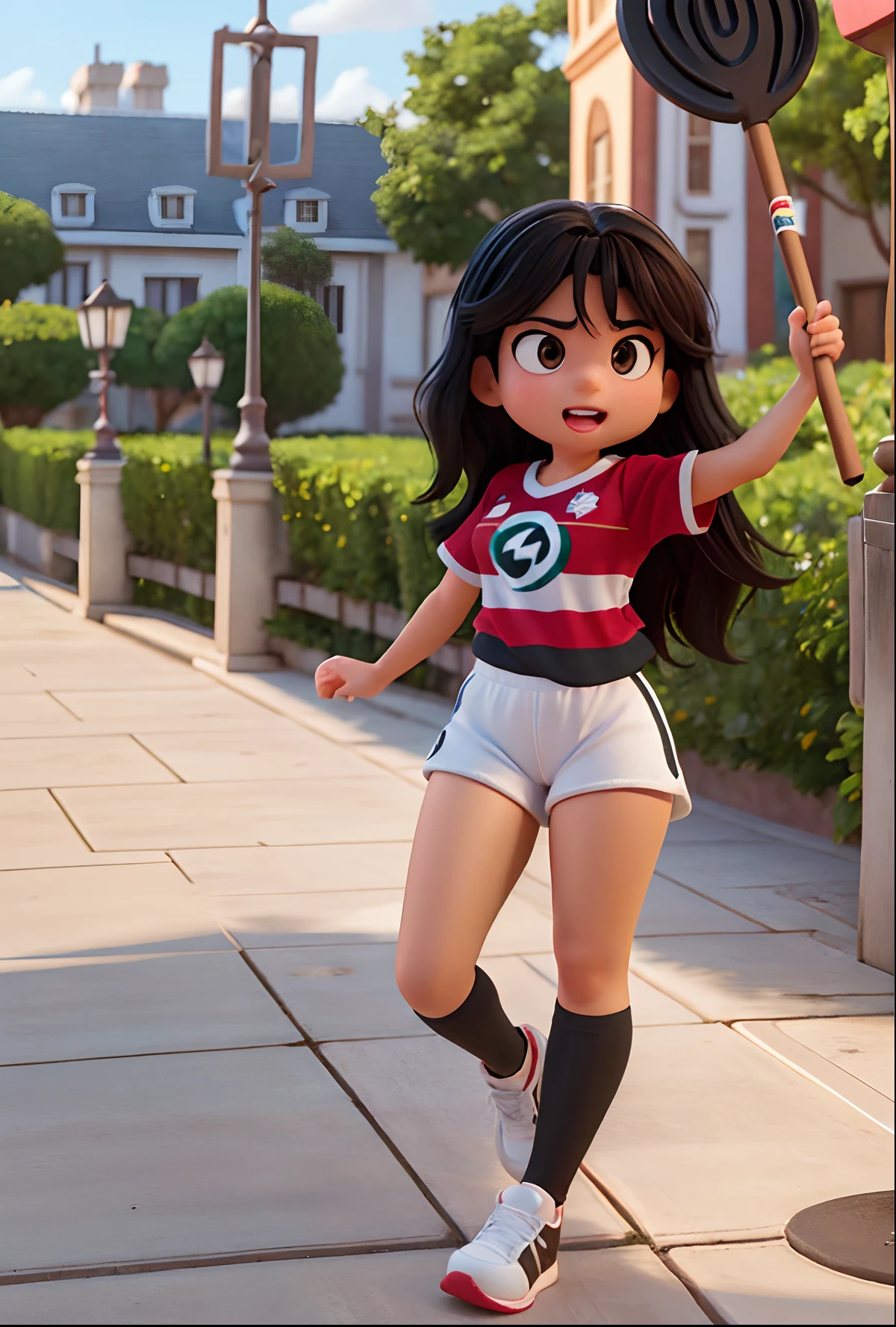 Create a Disney Pixar character: a 35-year-old woman, long black hair, dark brown eyes, a Fluminense shirt, a white shorts, a black and white sneaker, an image background, a Fluminense flag