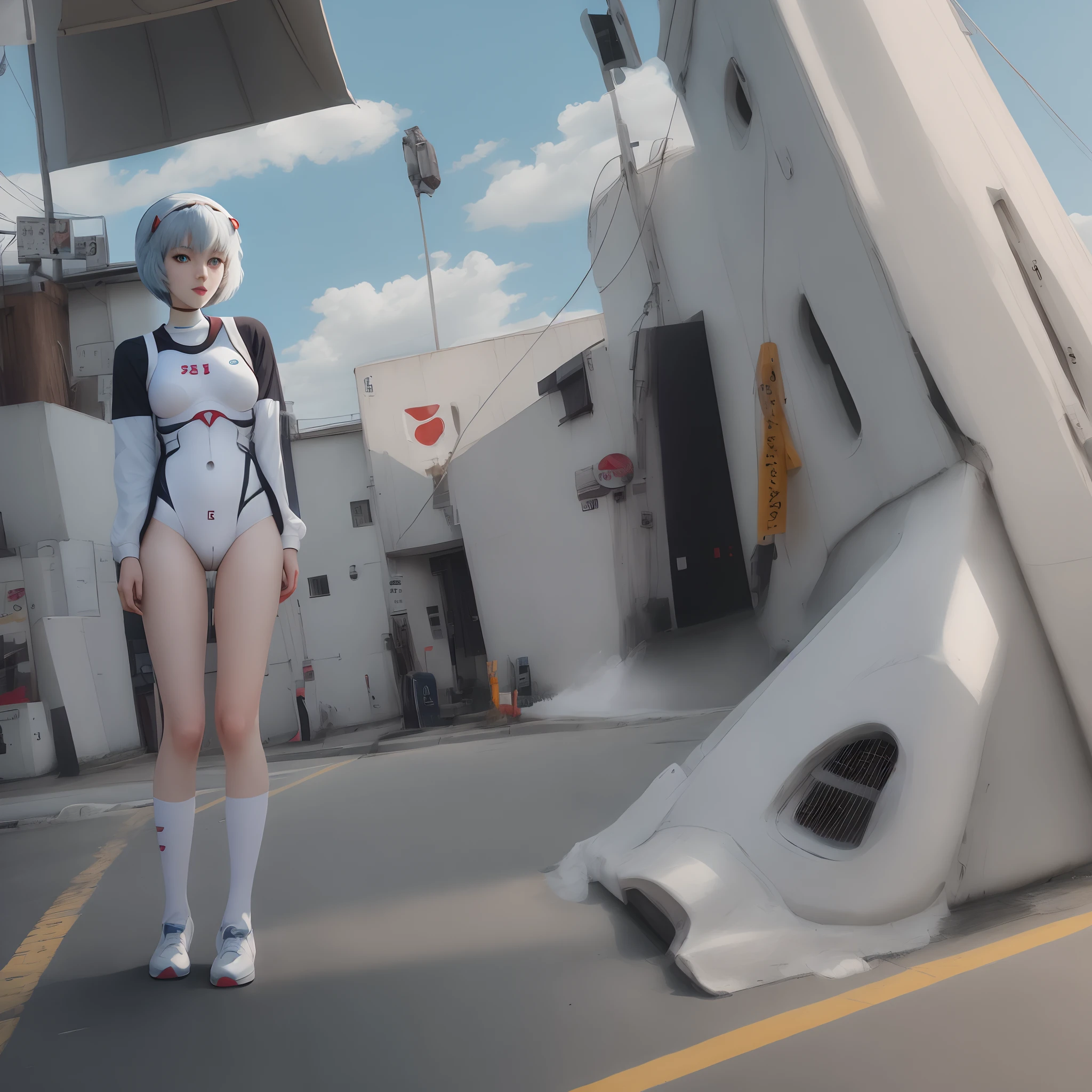 (masutepiece, Best Quality, Ultra-detailed, 8K, Wallpaper, Photorealistic), ((Perfect hands)), , ((charming anime girls)), ((Rei Ayanami)), ((Capturing her ethereal beauty with pale skin, The dense indigo short hair is impressive)), ((Eta、Bright red eyes that seem to hide the abyss of mystery)), ((She wears her signature white plug suit, Sleek and fit to the body, With subtle blue accents)), ((medium shot, From below)), ((dynamic background)), ((Sensual Pose, Crouching)),Perched on the stairs、Kamimei、(((Spread your legs apart:1.5)))、