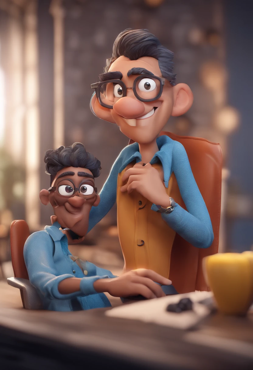 Cartoon character of a man with black glasses and a blue shirt, animation character, Caractere estilizado, animation style rendering, 3D estilizado, Arnold Maya render, 3 d render stylized, toon render keyshot, Personagem 3D, Personagem 3D, 3d rendering stylized, 3 d character render, personagem de desenho animado, Personagem de close up, Pose de personagem,  (Estilo Pixar) (master part:1.2) (Bokeh) (best quality) (pele detalhada) (textura detalhada) (8k) (argila) (Cinematic lighting) (foco nítido