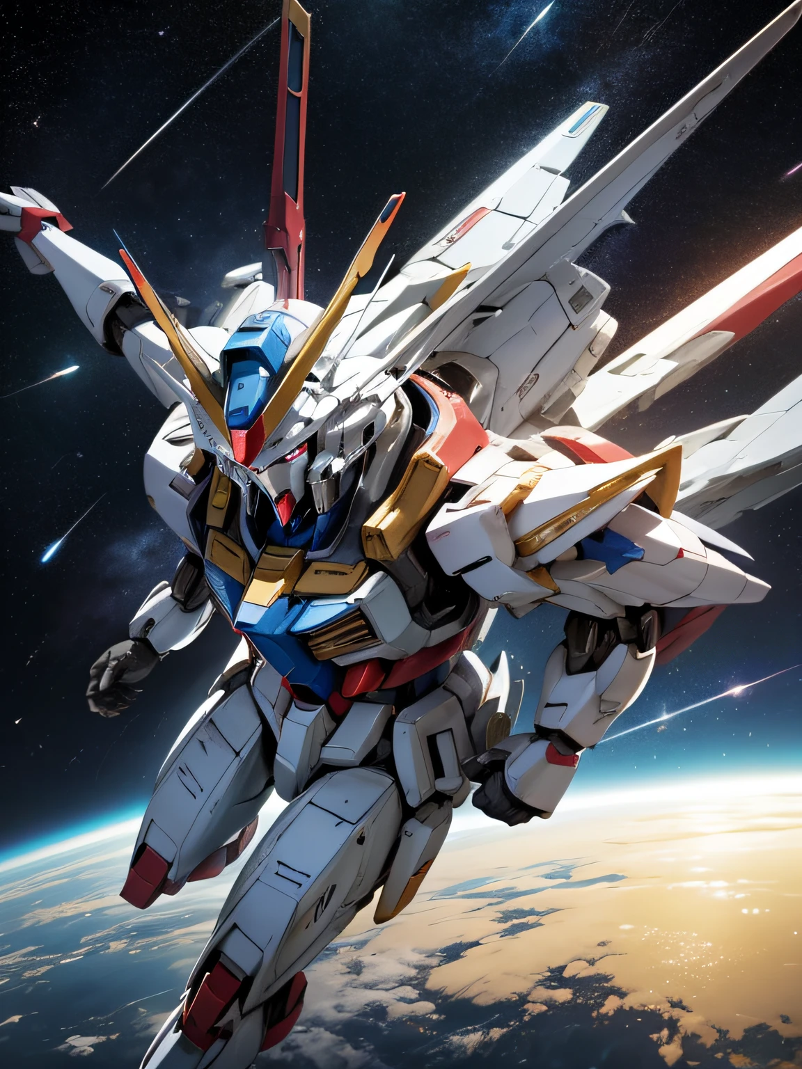 BlueZGundam、Mobile Suit Gundam、flying in space、Beautiful stars and earth background、