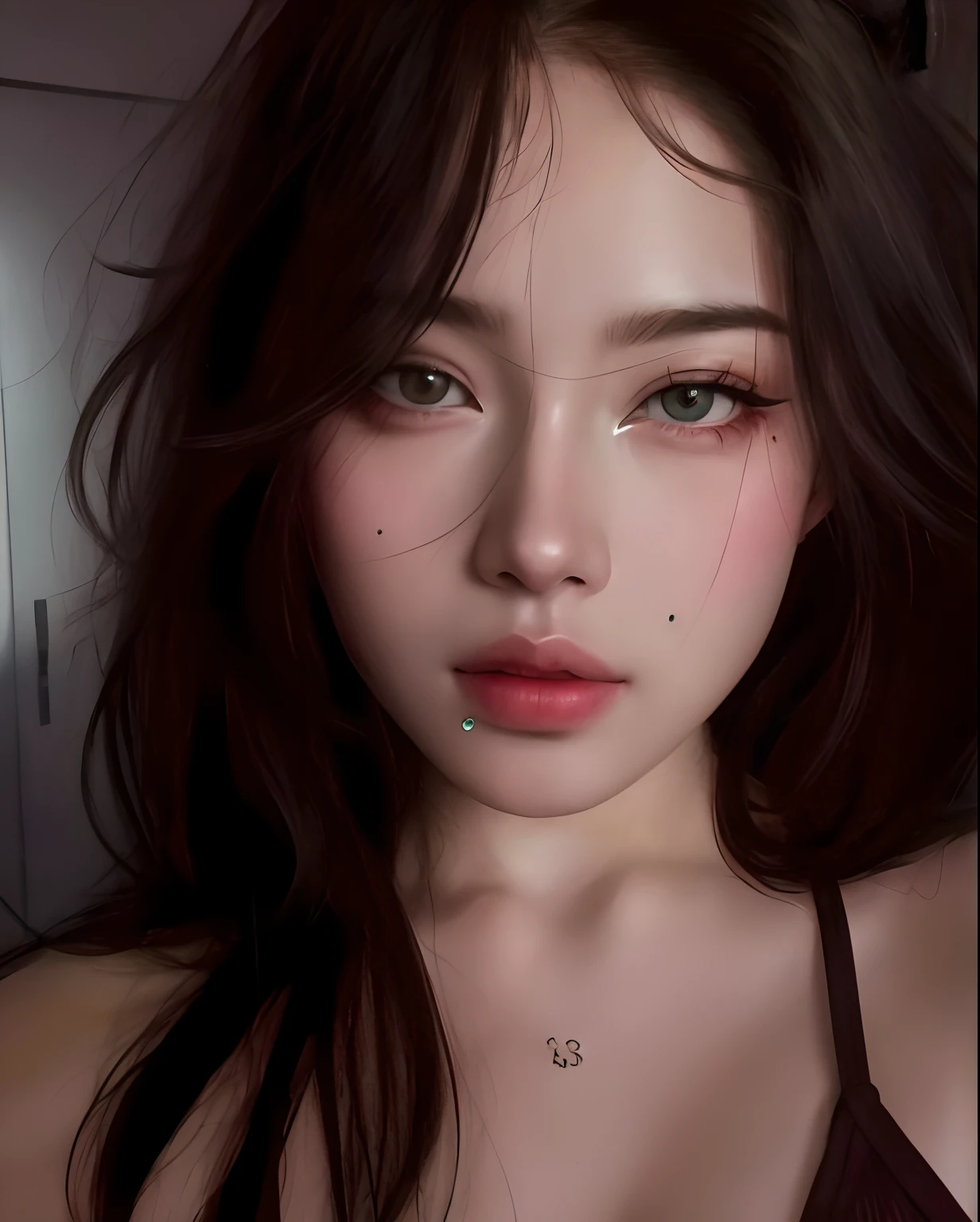 realistic photos of (1 cute Korean star) Shoulder-length hair, thin makeup, big breasts size, wearing black lace bra, selfie, clear facial features of Canon EOS, 8K high resolution, sharp and realistic details.