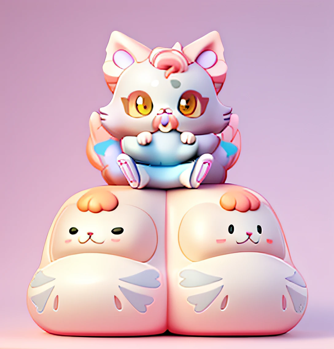 There is a painting,A cat sits on twin Damo, Cute kitten, Kawaii cat, Cute detailed digital art, Cute and colorful model, blindbox, lovely art style, anime cat, cute artwork, Dream girl color, cute detailed artwork, 3D model, cute character,