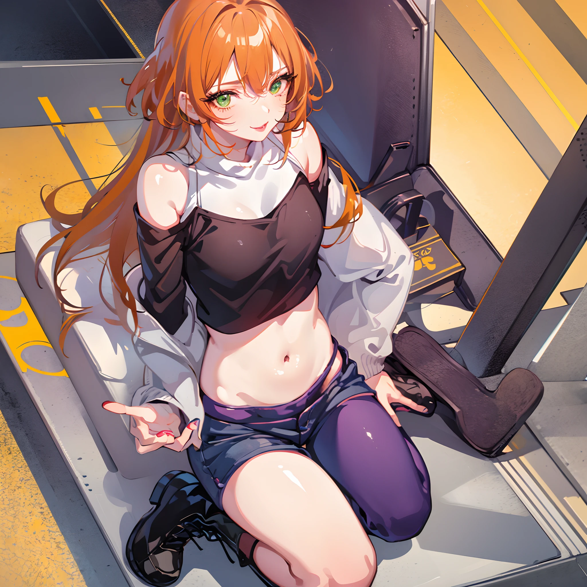 1 girl, bondage, torture, screaming, full body, tied to a torture machine, naked, tickling, tickle, laughing, orange eyes, orange hair