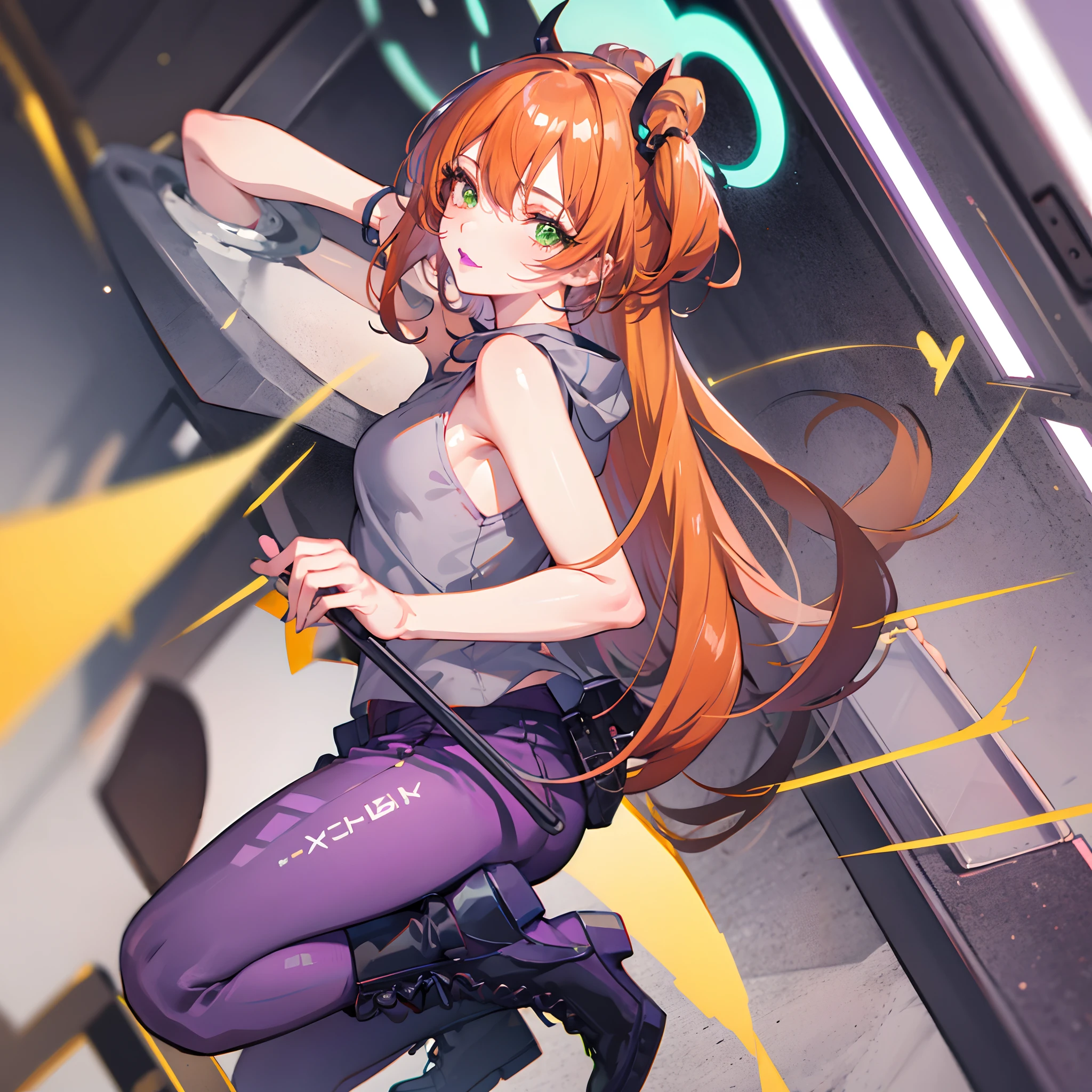 anime girl, orange hair, green eyes, purple lipstick, purple tank top, green short pants, orange combat boots