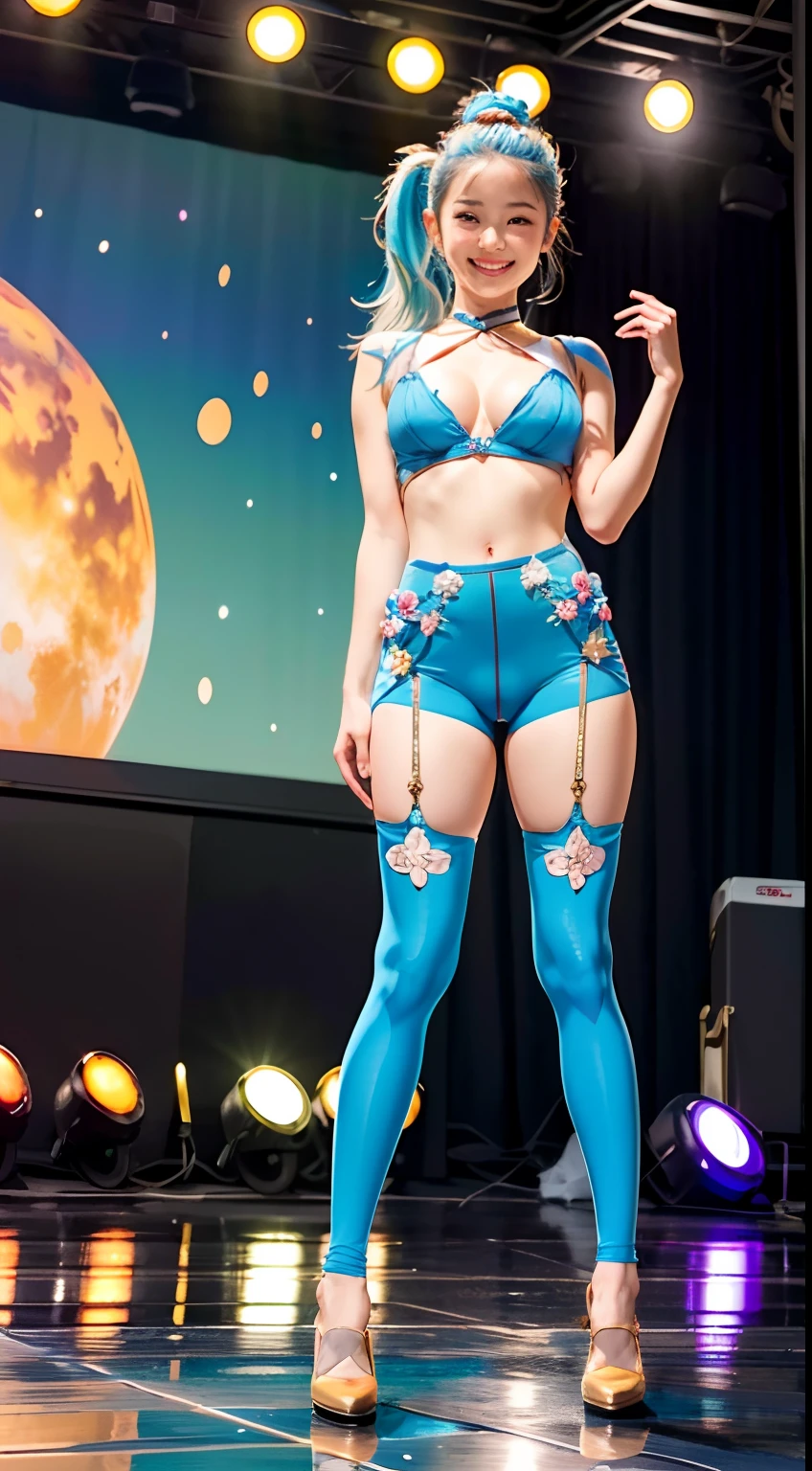 (masterpiece), (best quality), (ultra detailed),(disheveled hair),(illustration), (1girl),japnese idol,smile, (full body tights:1.3), (bike shorts),(open chest:1.4),Fashion model, looking at viewer, (interview), (idol stage),beautiful detailed eyes, delicate beautiful face, Floating,(high saturation),(colorful splashes),colorful bubble,(shining), focus on face, ponytail, kamisato ayaka, light blue hair, bangs, hair ring, floating flowers, floating hairs, (shining), best lighting, best shadow,(camel toe:1.2),show off camel toe,standing,spread legs