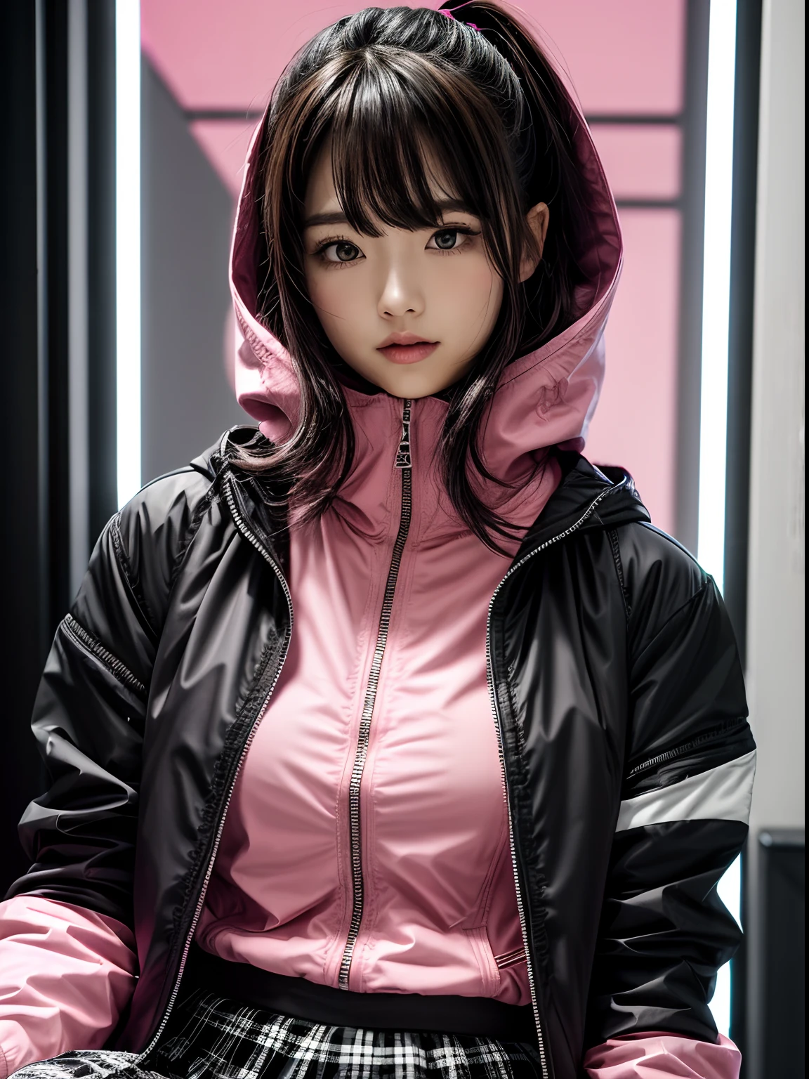 BREAK (Pink Theme:1.4), (Oversized, baggy pink outerwear:1.3), (A blend of a pink windbreaker and a pink hoodie:1.4), (Pink Nylon:1.4), ((zippers, Large pocket):1.2),
BREAK (Black Turtleneck Underwear:1), (Black and white plaid pleated skirt:1.2), (Black Platform High Boots:1.2),