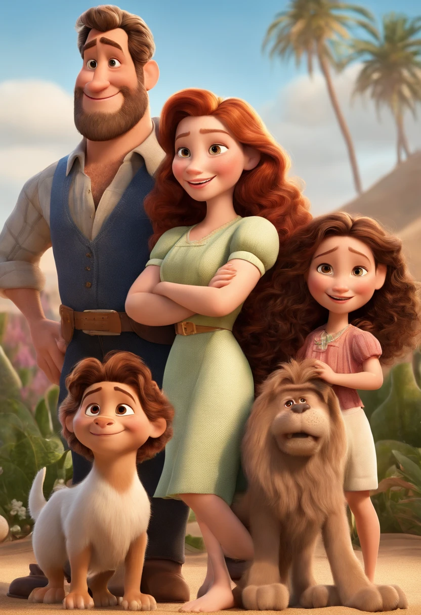 a Disney Pixar movie poster showing a white-skinned family. The father is the tallest, Tem barba curta, loiro, cabelos curtos e espinhosos. The mother has brown eyes and hair, shoulder-length and is slightly overweight. A menina tem 4 anos e cabelos castanhos, roupa rosa e rabos de cavalo. The background is a beach garden. 3D-rendering