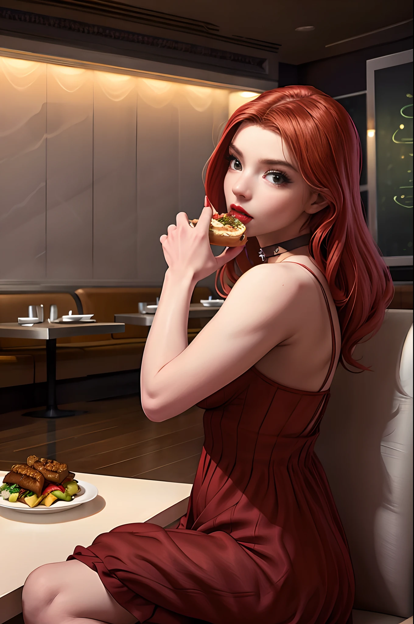 Masterpiece, realistic, detailed, studio lighting, Anya Taylor-Joy, long red hair, red luscious lips, at fancy restaurant, customers eating at restaurant in background, sitting at table, table full of food,eating food, wearing long red dress, wearing choker, sexy pose, thin body,