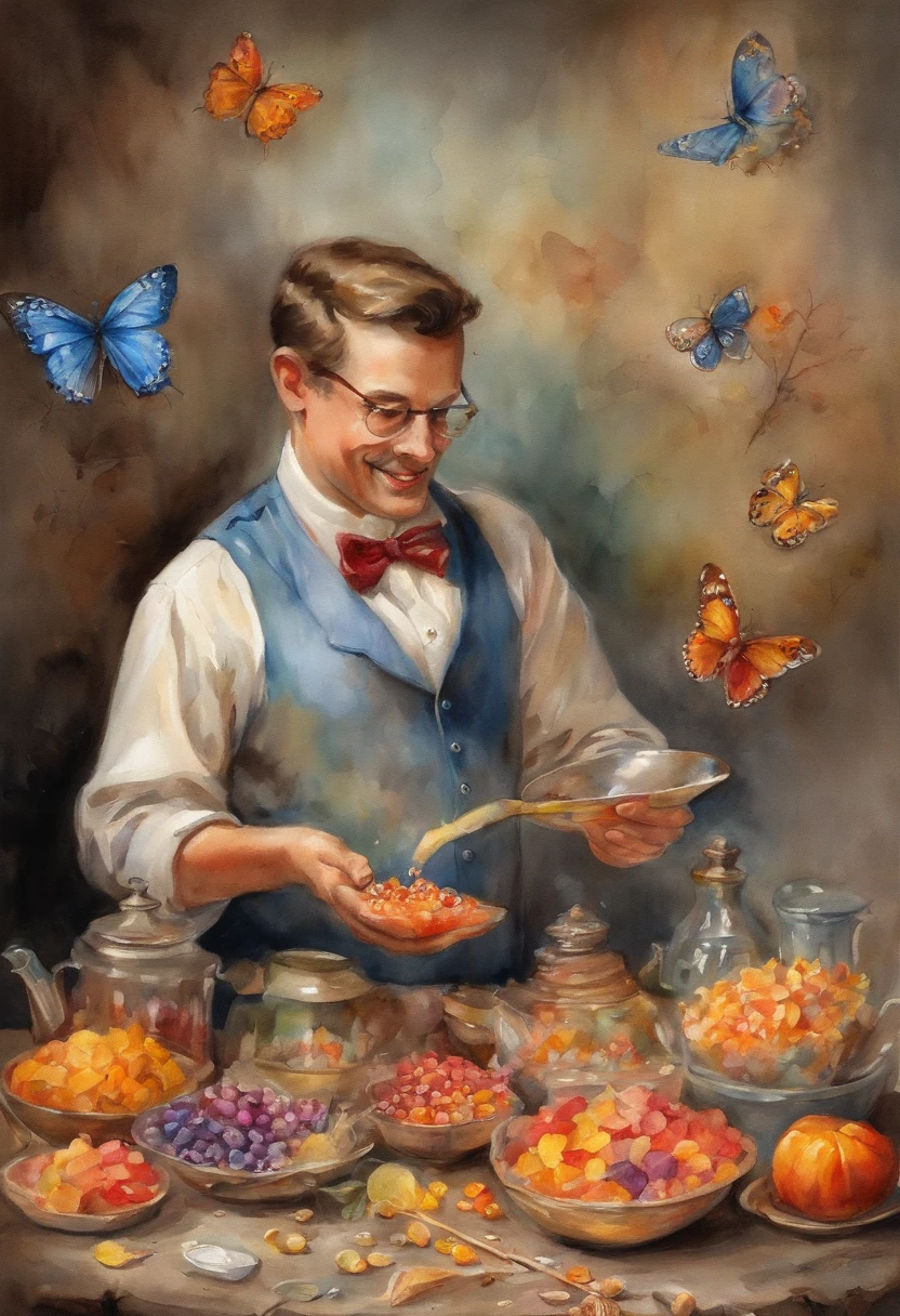 Magician making candy with butterfly behind him