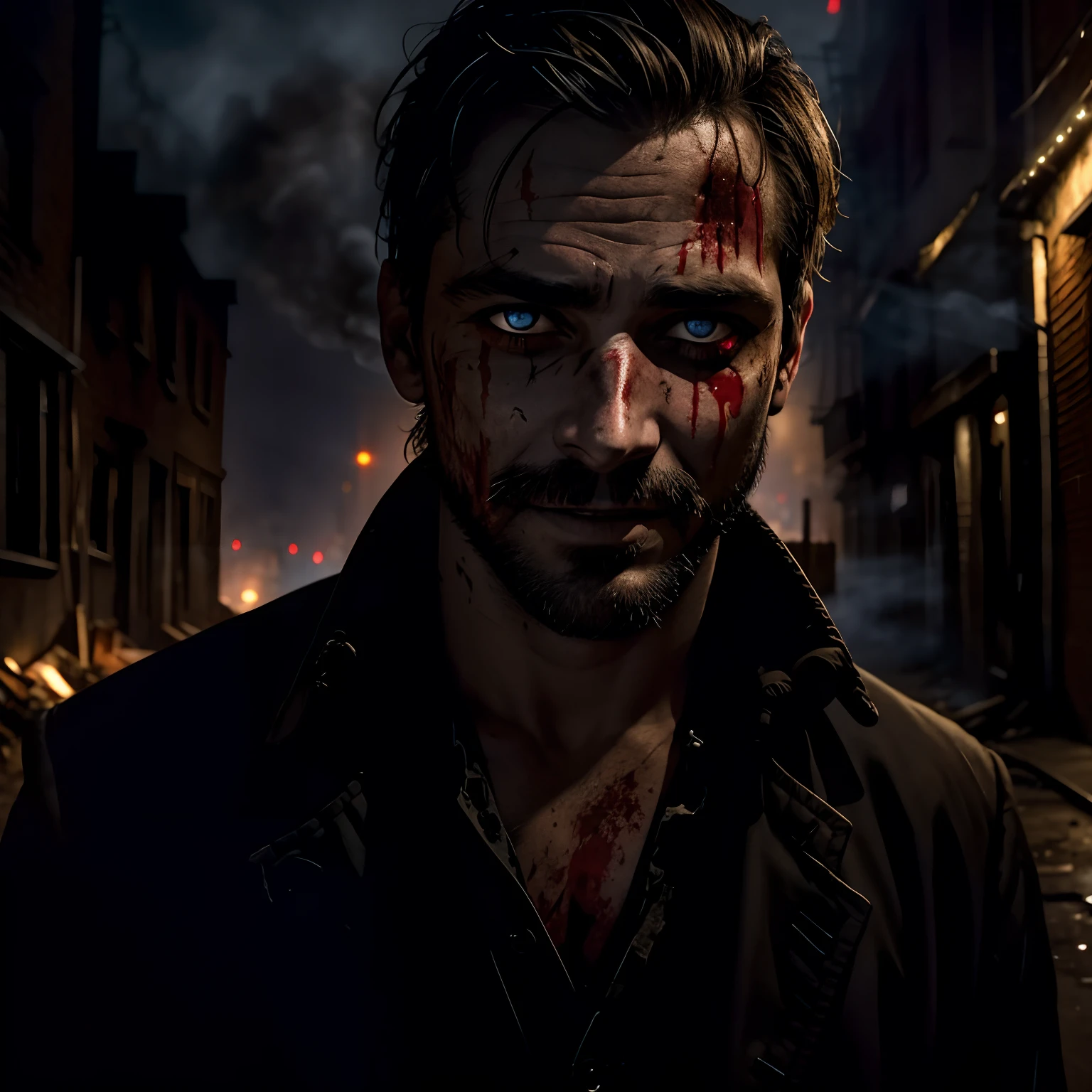 Night image focusing on a man's dirty face, with scars on his eye and blood stains, unshaven.  big eyes reflecting the surrounding buildings.  a macabre smile.  The background of the image is a dark and dirty alley with smoke coming out of the ground.