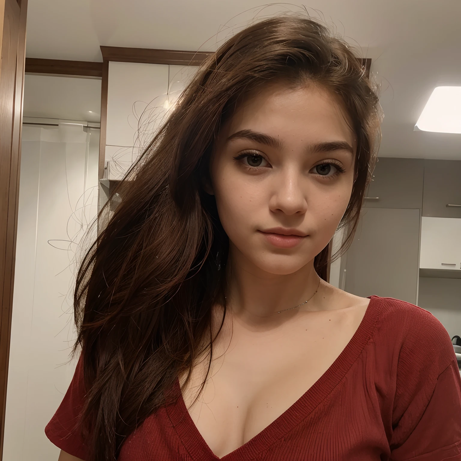Uma garota de cabelo ondulado, vermelho, fazendo careta, folhas