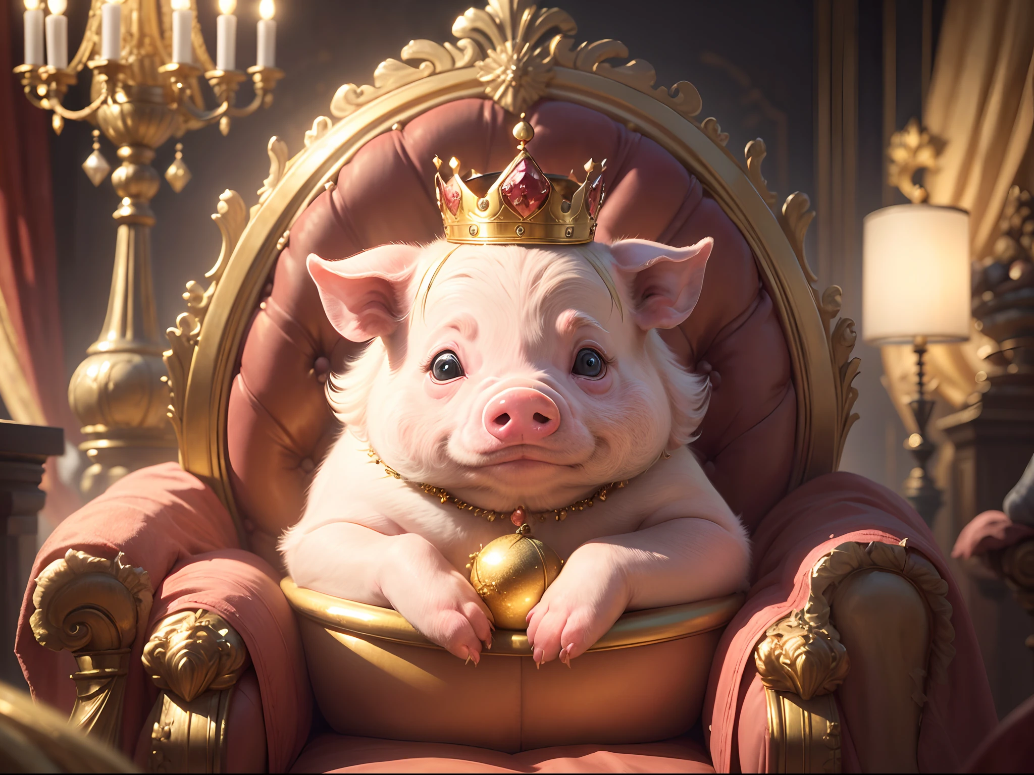 (a piglet in a throne,adorable,)medium:oil painting, (gold leaf:1.1 antique crown), holding carefully (a magnificent orb),(studded scepter),with (innocent,adorable eyes) staring directly at the viewer, (happy pig king, pig tsar). The piglet's throne is luxurious, with intricate carvings and velvet cushions. The background is rich with (vibrant colors,vivid details) to create an (aristocratic,regal atmosphere). The lighting is (soft, warm) with a spotlight shining on the piglet, illuminating its (charming,countenance).