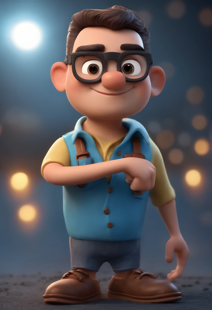 Cartoon character of a man with black glasses and a blue shirt, animation character, Caractere estilizado, animation style rendering, 3D estilizado, Arnold Maya render, 3 d render stylized, toon render keyshot, Personagem 3D, Personagem 3D, 3d rendering stylized, 3 d character render, personagem de desenho animado, Personagem de close up, Pose de personagem, (Estilo Pixar) (master part:1.2) (Bokeh) (best quality) (pele detalhada) (textura detalhada) (8k) (argila) (Cinematic lighting) (foco nítido