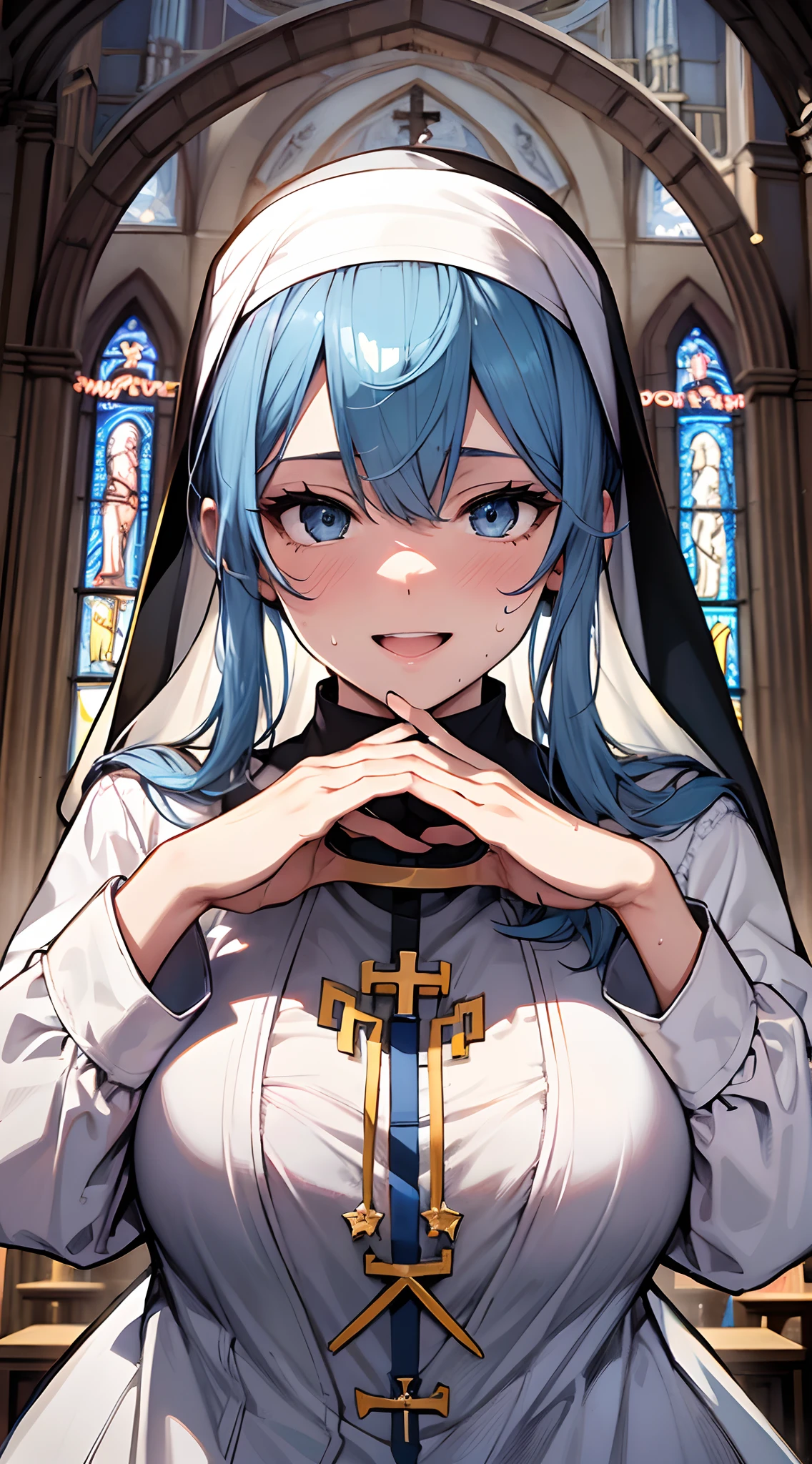 top-quality、supreme1People Girls,hightquality,, ((masuter piece)), ((High resolution)), ((Best Quality)), detail, (cum faced、Excited face.Very happy,), ((Skin shiny with sweat)), (White nun uniform half-taken off:1.2)、 girl with, lightblue hair, (Straight、Bangs Patsun)、Fold your hands in front of your chest and pray:1.5、Kneel、fair white skin:1.3、、Colossal tits, cinmatic lighting, perfectly shaded,(((chapel))), Realistic lighting with shades,