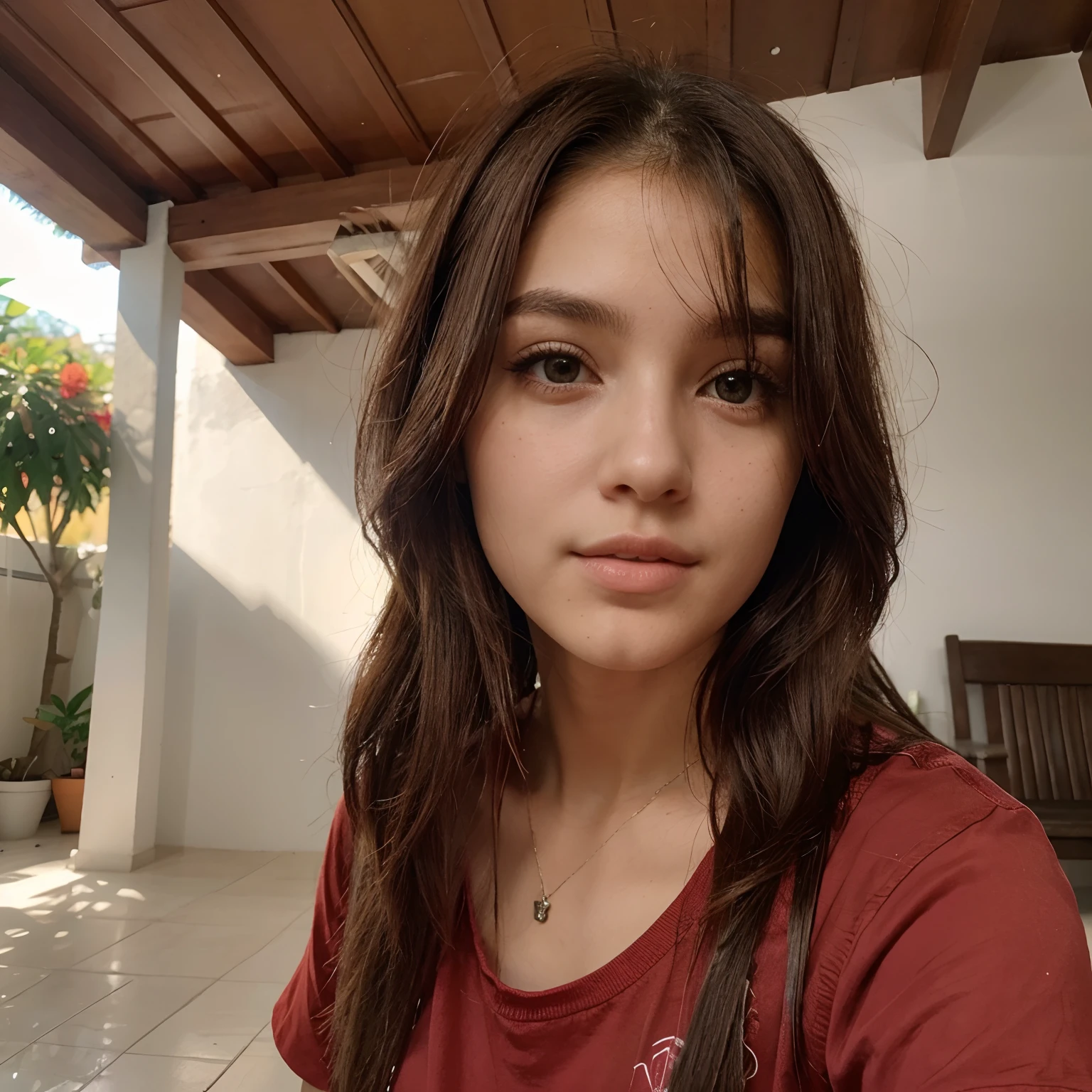 Uma mulher de pequena com cabelos curtos castanhos e mexas vermelho na frente