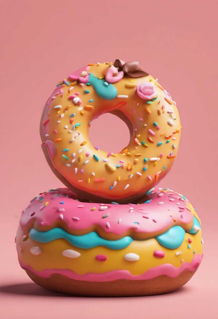 Desenho em estilo 3D da Pixar de um donut colorido com o nome The Donuts com cores amarelas, rosa e creme