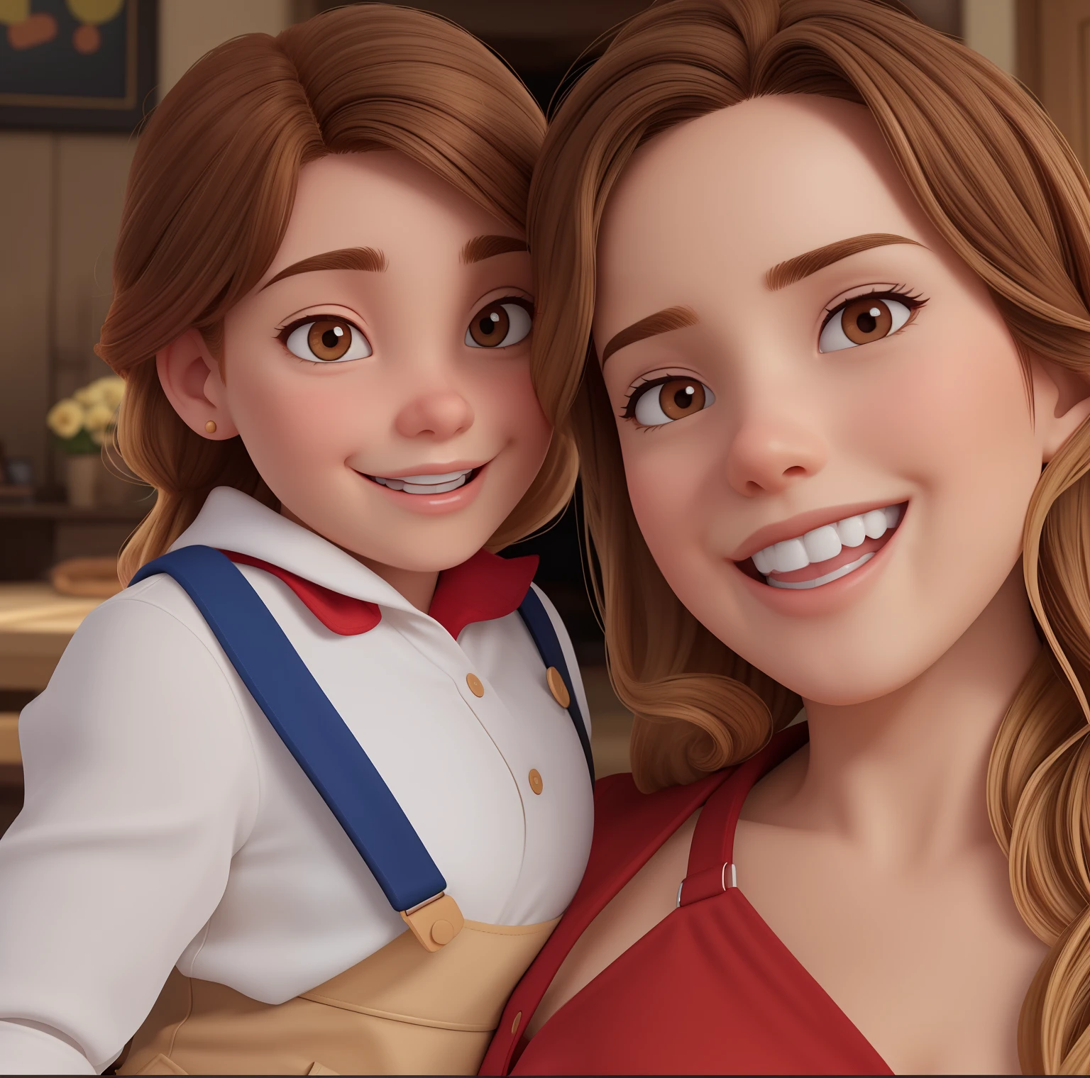 A blond-haired, fair-skinned woman dressed in red with her brown-haired with white shirt and suspenders. estilo Disney Pixar alta qualidade melhor qualidade