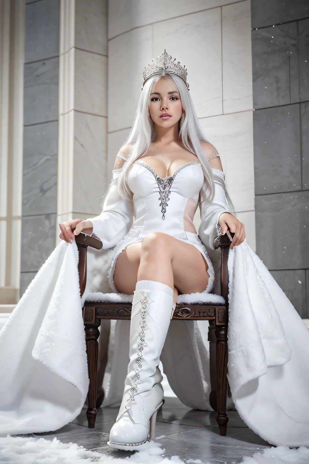 Beautiful woman, snow queen, cute woman with white hair, silver crown, white outfit. She sits on a white throne with a white crown on his head. Throne in huge castle interior. Throne hall is huge. Fantasy world. Snow, winter, snow storm, fur, beautiful snow queen, hyperrealism, highly detailed face and skin texture, fine eyes, double eyelids, beautiful face, all body, whole silhouette, long legs, high white boots, white stockings.