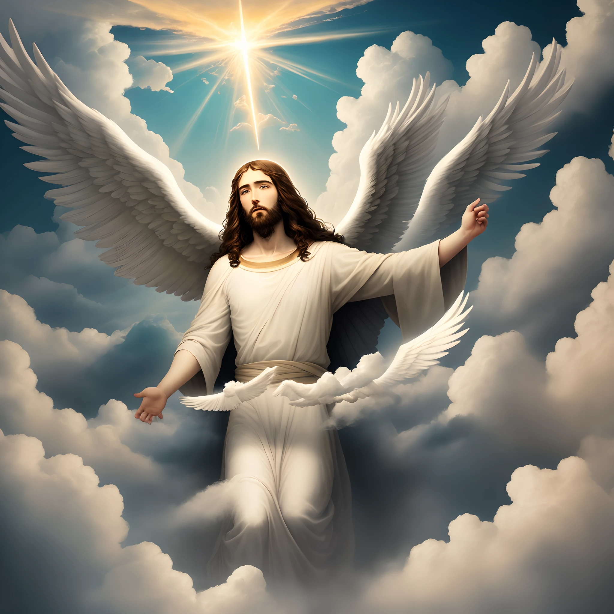 Jesus returning in the clouds of heaven with thousands of angels
