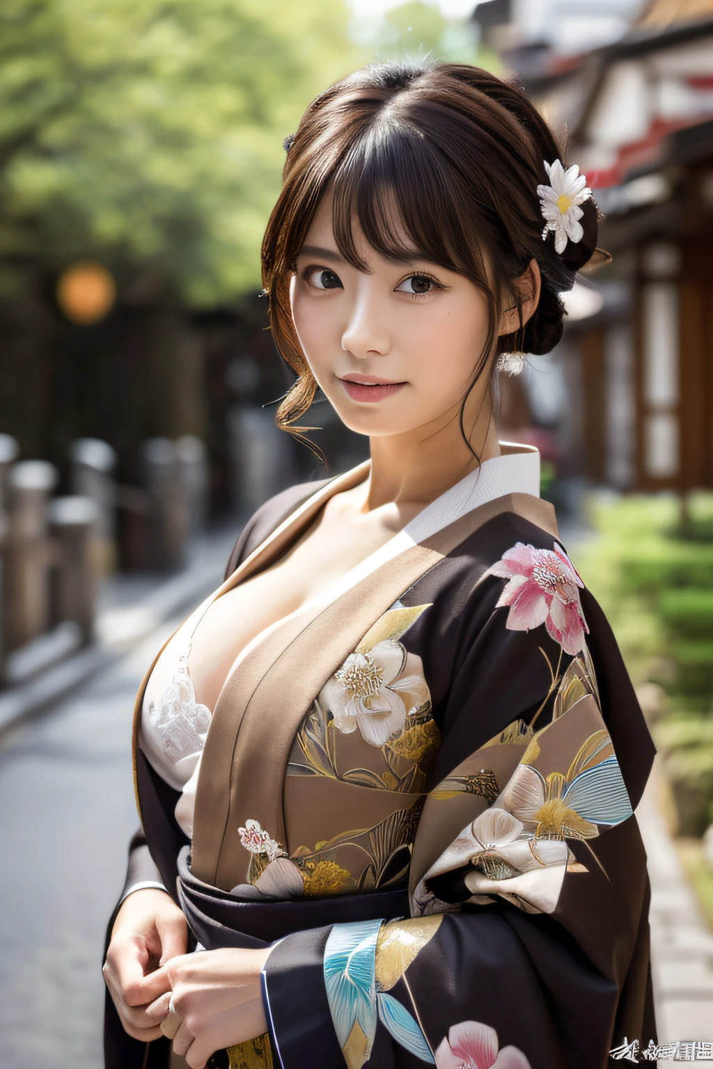 ((top-quality, in 8K, masterpiece)),40-year-old Japan model in kimono,A pretty woman with perfect figure :1.4, Slender Abs :1.2, ((dark brown hair, huge-breasted :1.4)), (wearing white button up shirt, Jean :1.1), City Street:1.2, Highly detailed face and skin texture, Detailed eyes, 二重まぶた,a close up of a woman in a kimono dress posing for a picture, goddess of Japan, Japanese Models, Colossal tits,It depicts cleavage,oppai, in a kimono, A Japanese Lady,, Seductive Anime Girl,Shoulders are sticking out,