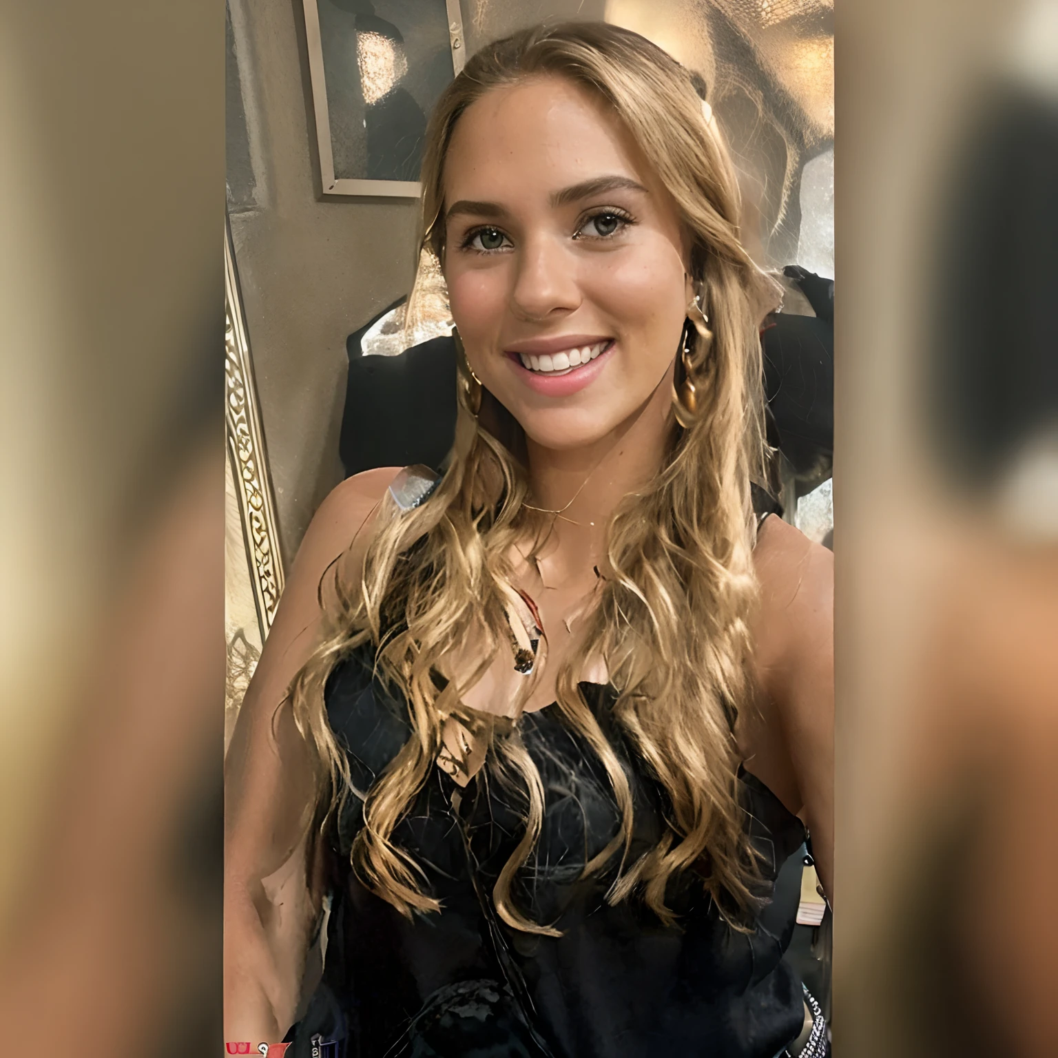 (Melhor quanlidade) Disney Pixar Gorgeous Blonde Woman With Long Hair Smiling In Front Of A Frame, mulher de 30 anos, roupa preta, golden accessories