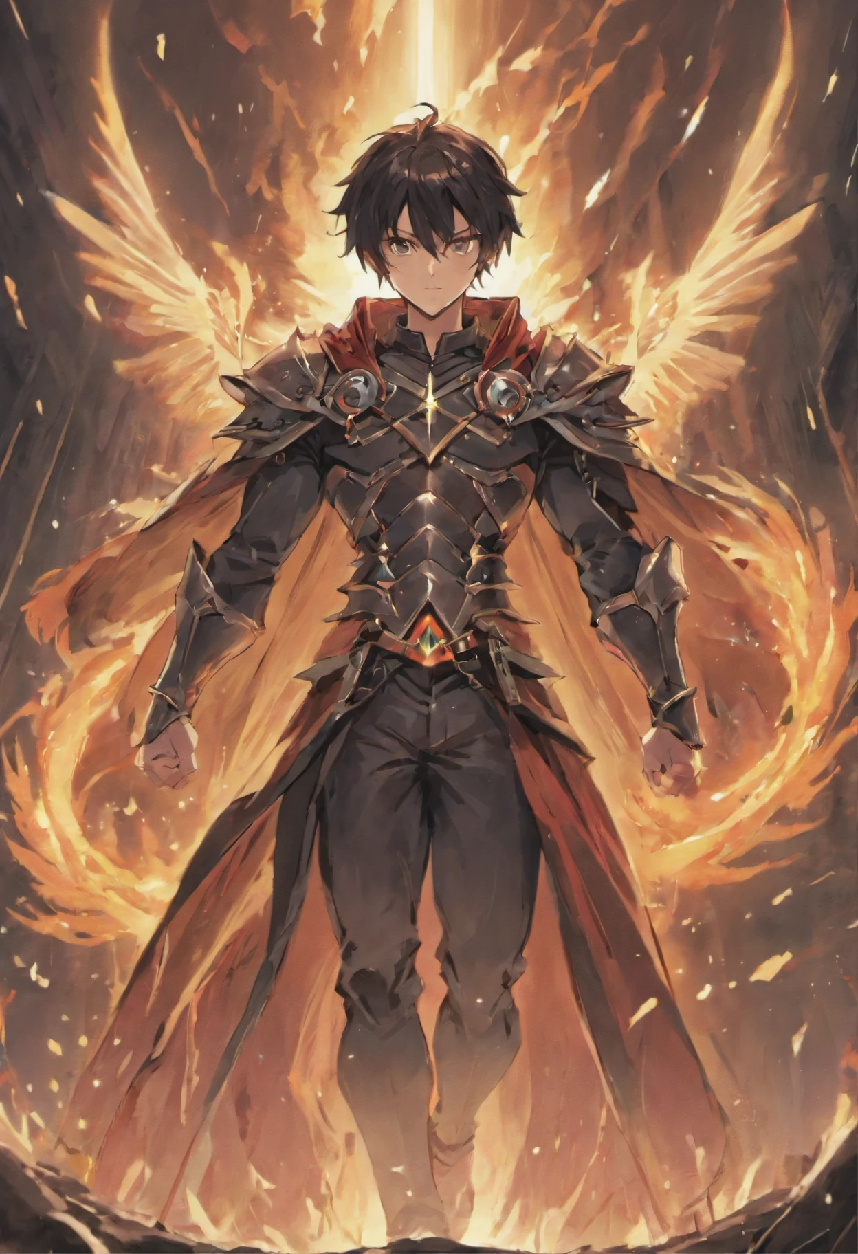1guy,tall,handsome,bulky muscle, black hair, claymore, holding claymore, leather armor, iron armor,silver white cape. Red Magic circle above, hand raised above. Wind gust. Fire forms. Trees, pulling back from strong wind, red eyes, realistic quality. Tress and grass background.