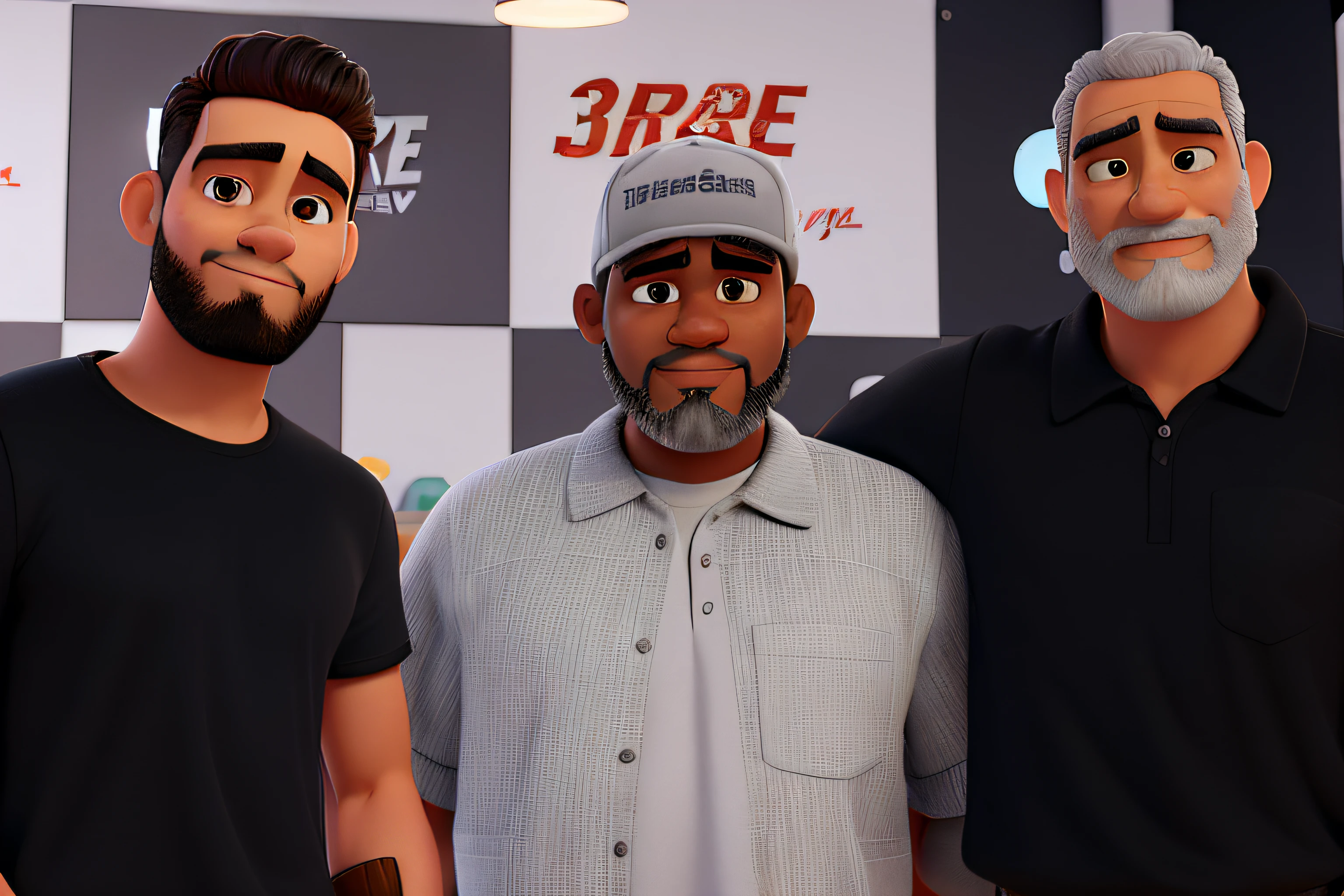 Create a Pixar-style 3D poster with three Brazilian men, side by side, embracing for a photo. The first man is a light-skinned, 30-year-old with a short beard, a pompadour haircut, and a black shirt. The second man is a 50-year-old Black man with a short grayish beard, a medium build, wearing a gray moletom and a white cap. The third man, also 50 years old, is light-skinned with a short, graying beard and very short gray hair, wearing a black polo shirt.