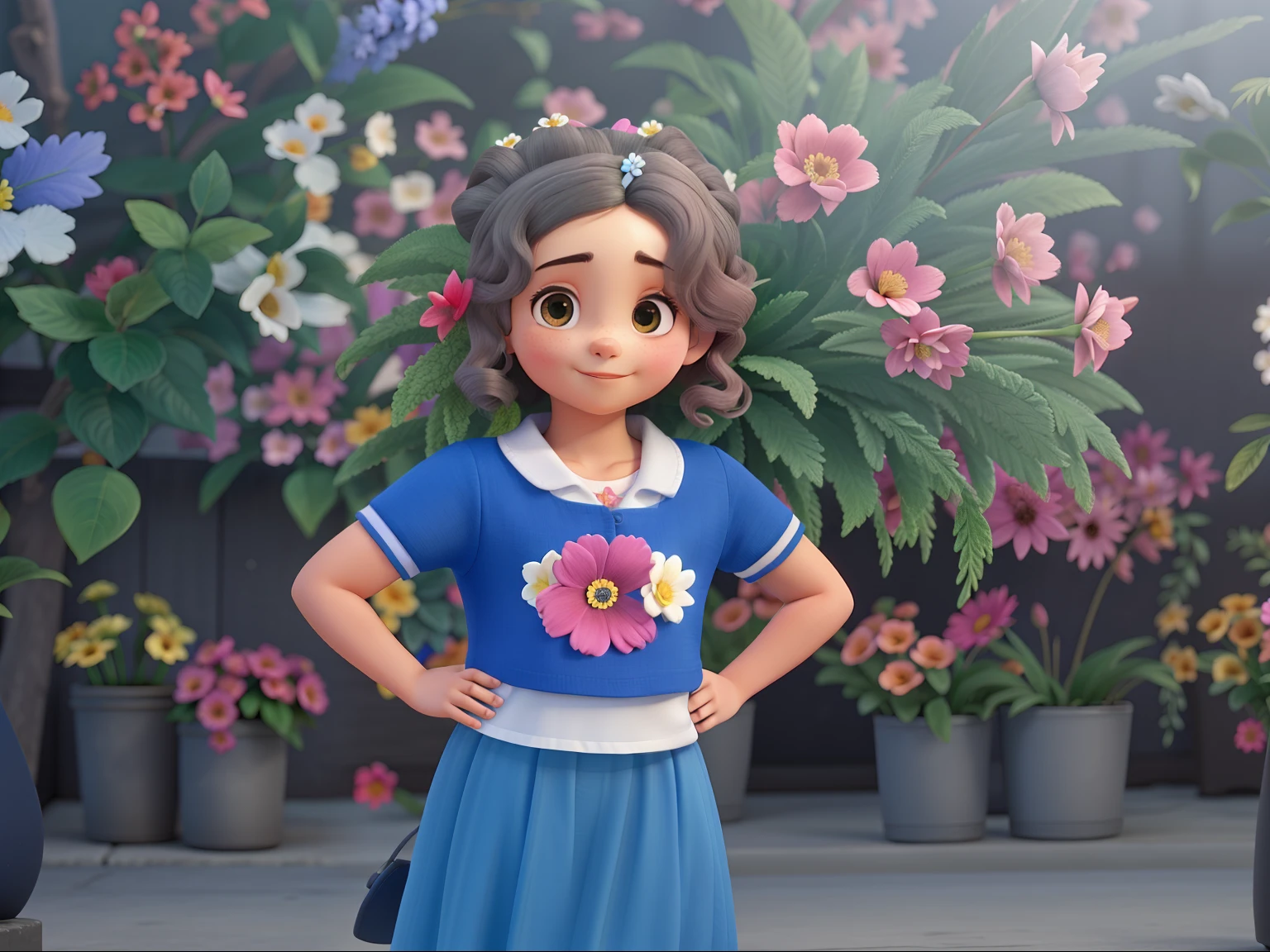 Uma menina cercada de flores