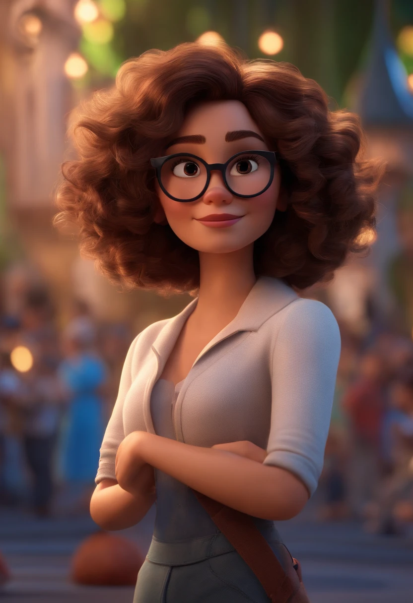 Pixar style image with 3D character white glasses brunette woman short curly hair dancing, Maquiagem Disney,Pescador, bonitinho, sorridente ,Close-up, Pixar, Disney, Cinema lighting,