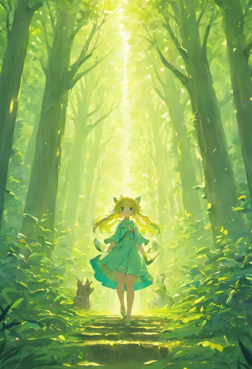 A beautiful forest with lush trees, Animals of all kinds and a magical clearing in the center, Where the animals gather. The sun shines softly over the scenery. No centro um coelho fofo branco, macio, sentado